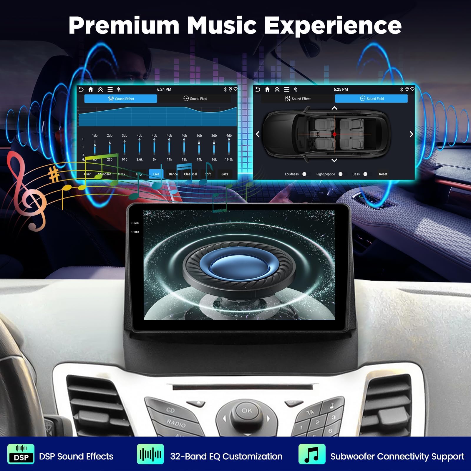 [4+64G] Radio Android per Ford Fiesta 2009-2017: 9 Pollici Touchscreen HD InCell con Wireless Carplay & Android Auto, 5G/WiFi, GPS, EQ, BT 5.0, Homepage Personalizzata + Telecamera di Retromarcia