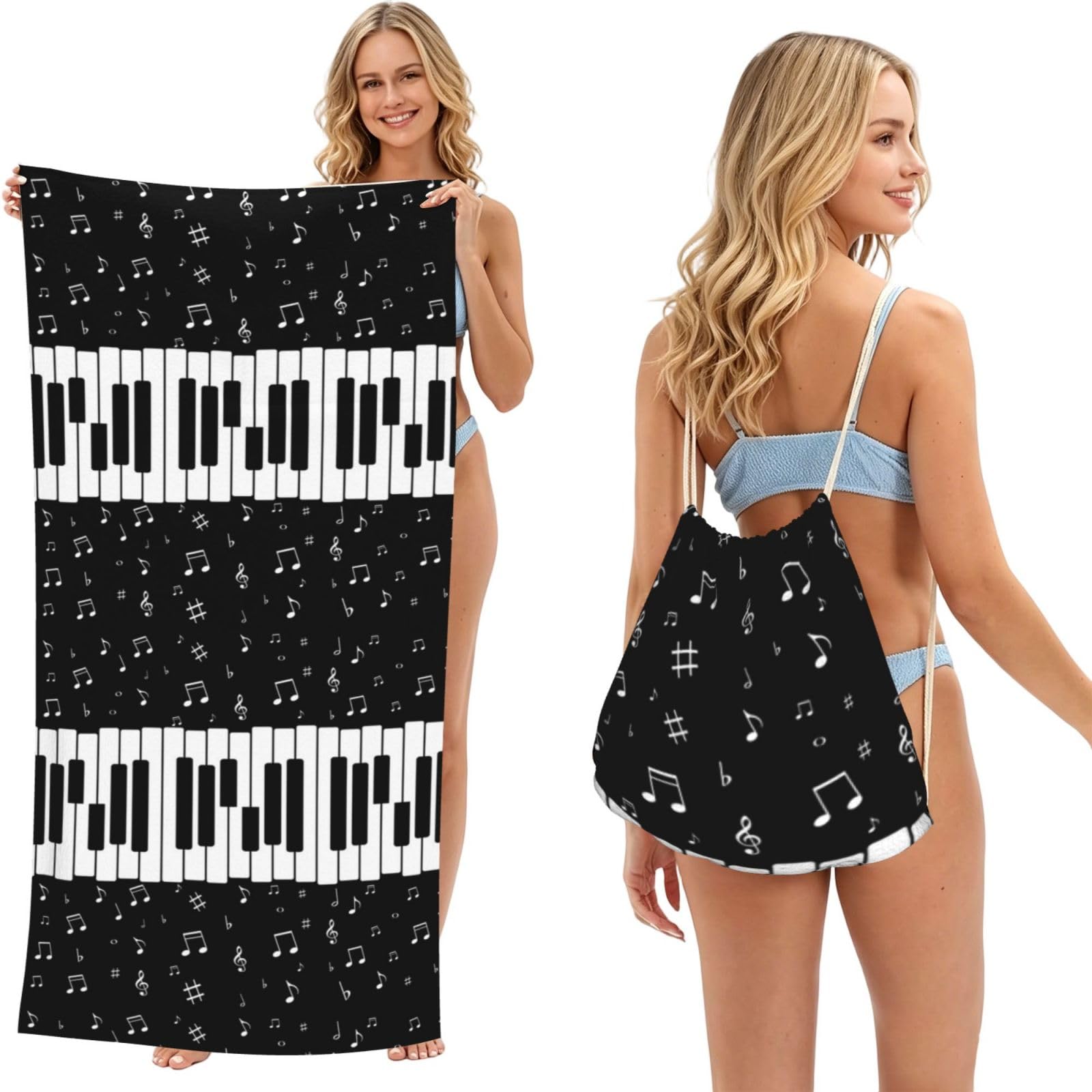 Poadnly As Picture Music Note Piano, 2 In 1 Packable Towel Bag, Beach Towels With Drawstring Backpack For Travel Holiday Camping