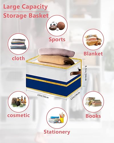 Miniatura 2 de Luxurious Navy Blue Geometric Storage Basket for Organizing Shelves, Collapsible Storage Bins Boxes with Handle, Yellow Modern Line Abstract Art