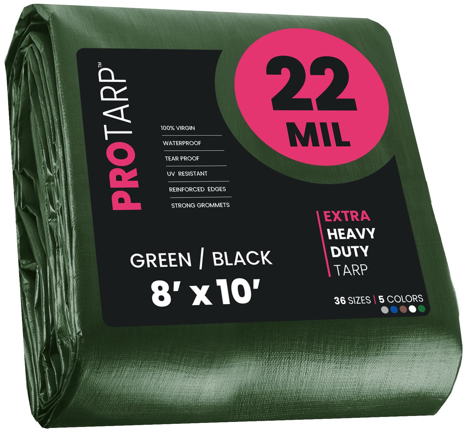 Extreme Heavy Duty 22 Mil Tarp Cover, Waterproof, UV Resistant, Rip and Tear Proof, Poly Tarpaulin with Reinforced Edges for Roof, Camping, Patio, Pool, Boat. (Green/Black 8′ X 10′)
