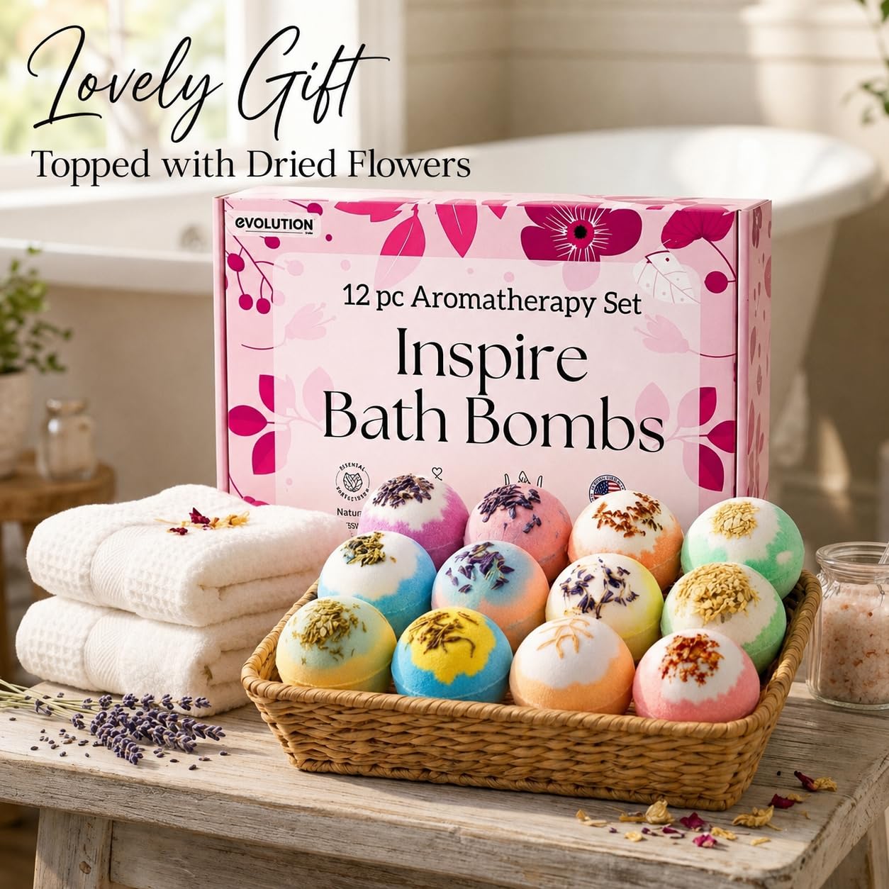 EvolutionUSA 12 Inspire Badekugeln für Frauen & Mädchen - Badebomben mit Blumenspitze Mädchen, lustige Badebomben Set, Bio Badekugel Luxus-Geschenk für Muttertag, Geburtstag, Weihnachten, Ostern oder