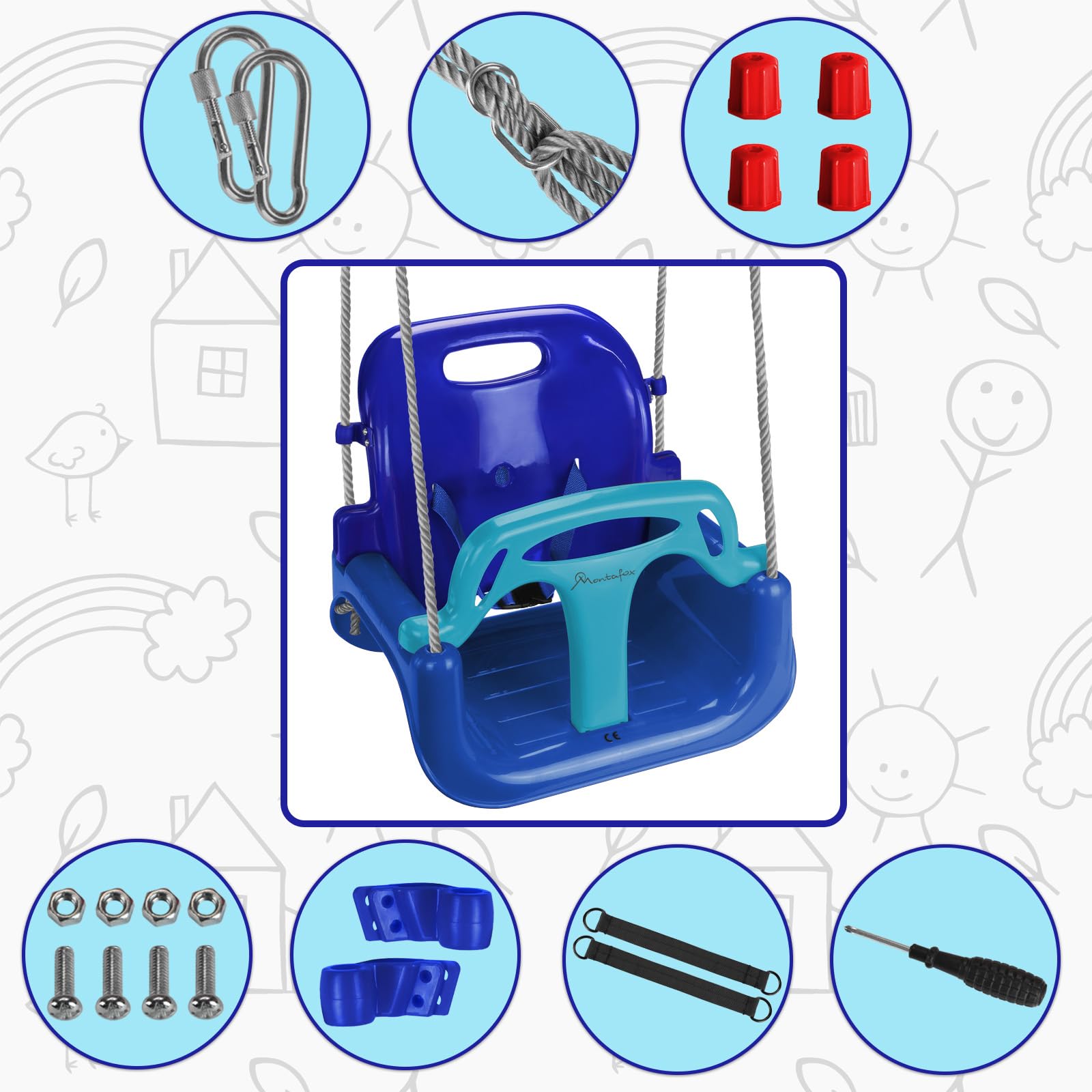 Montafox Columpio para niños bebés 3 en 1 Ajustable en Crecimiento con Respaldo arnés con Correa, Color:Azul