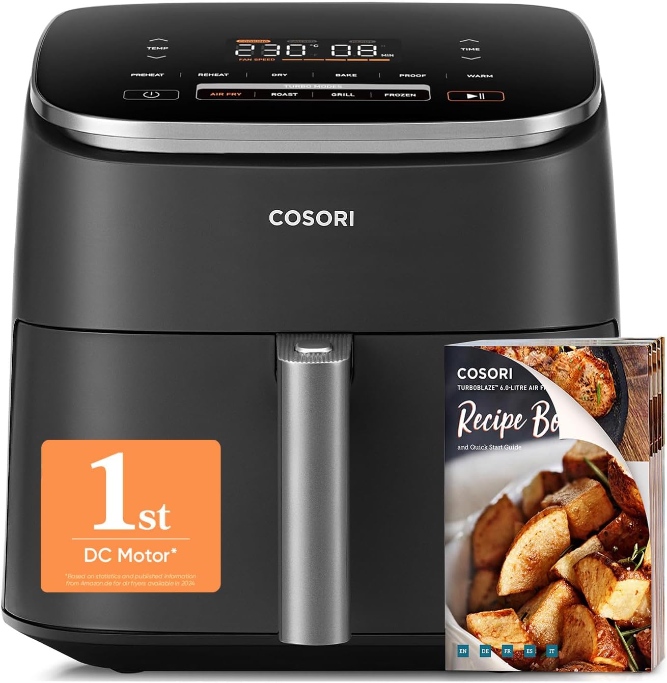 Air Fryer TurboBlaze 6L, Serves 3–6, 9-in-1 Fast & Energy-Saving, 5 Fan Speeds, 30–230°C, Quiet,Non-stick, Dishwasher-Safe, Recipe Book Included