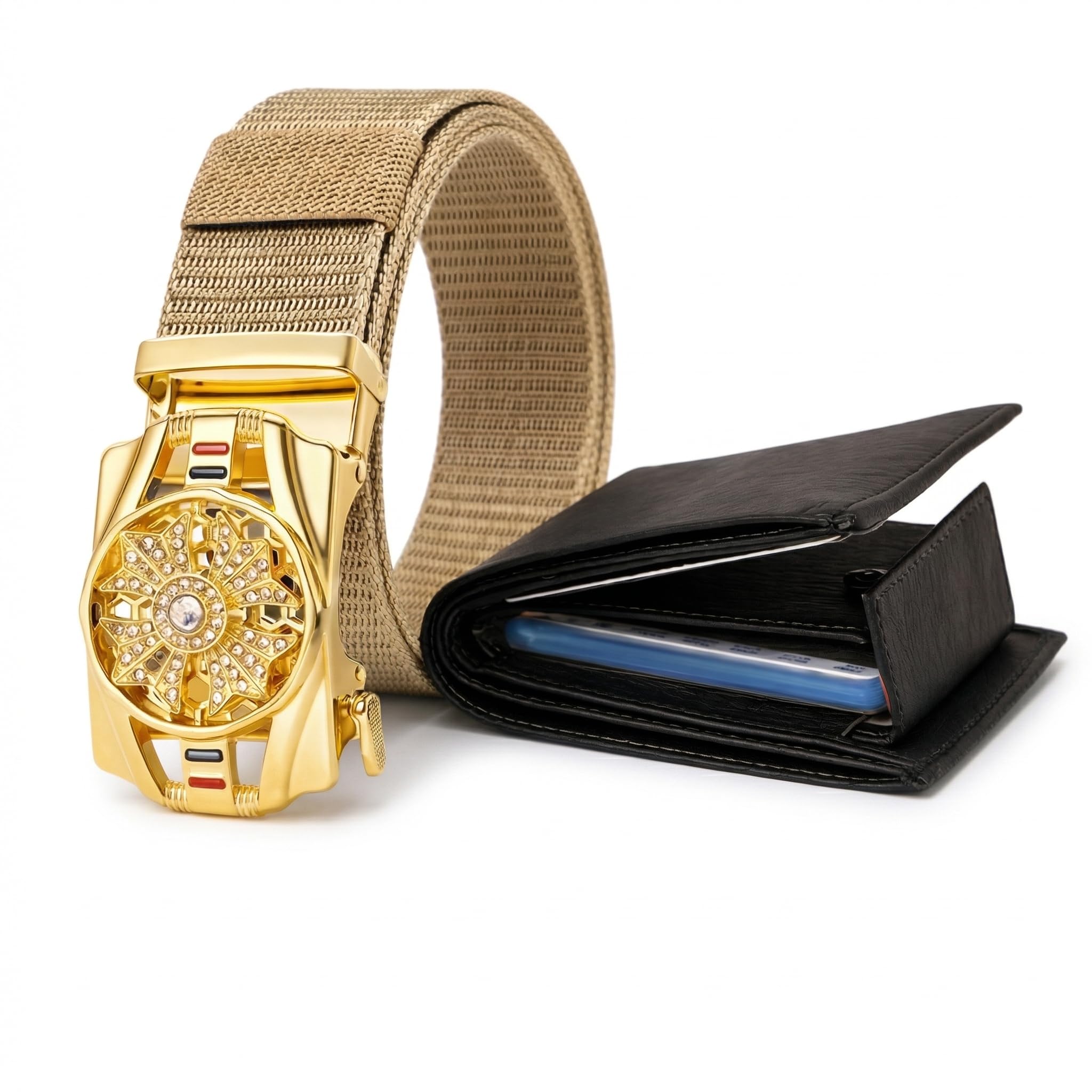 Men Khaki Canvas Belt with Gold Rotating Buckle and Brown Wallet Combo Set-image-7