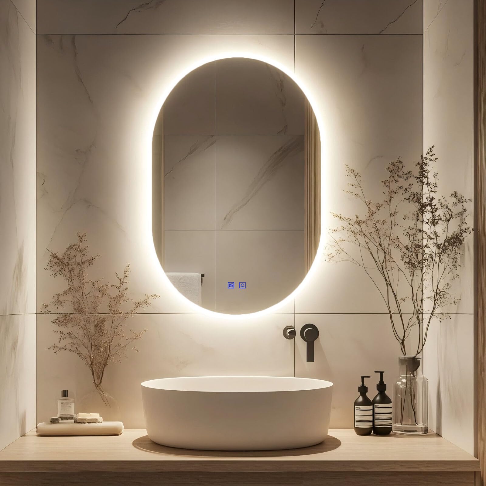 Kasloglow Espejo de baño ovalado LED de 600 x 800 mm, 3 colores, regulables, interruptor táctil, interruptor táctil, espejo de tocador iluminado (23.62 x 31.5 pulgadas)