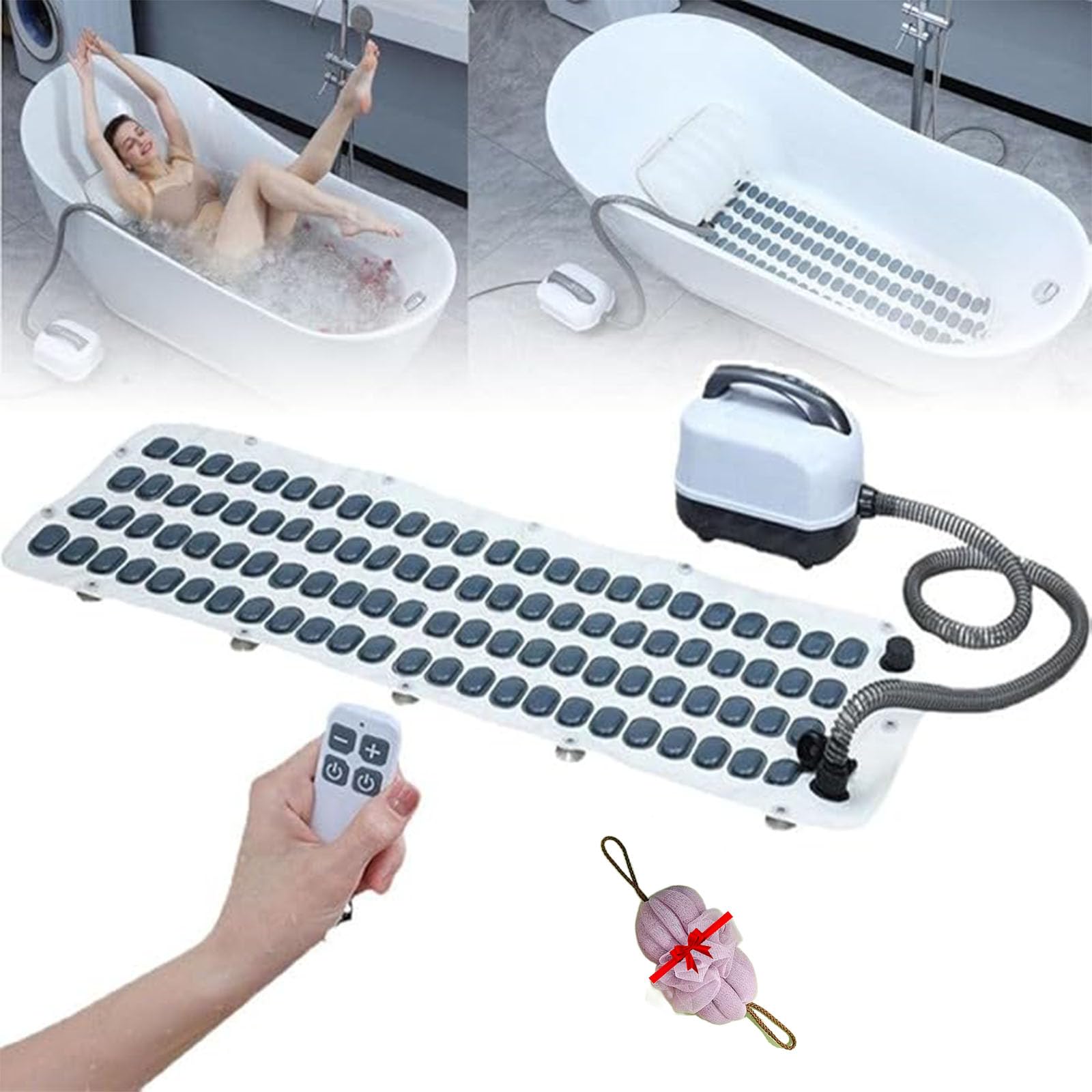 Tapis de bain de massage contre les tensions avec oreiller et télécommande