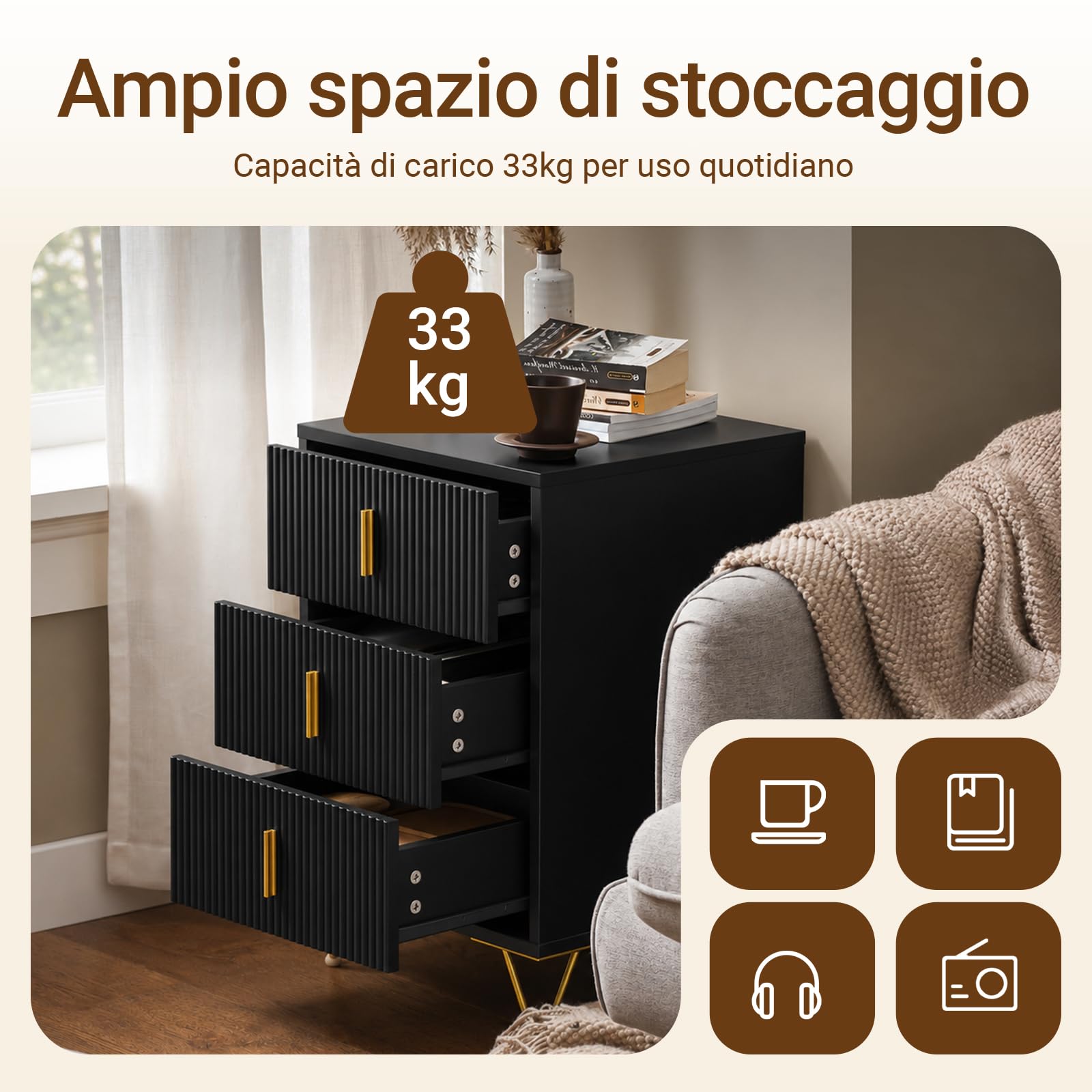 SoBuy Comodino camera da letto con 3 cassetti, 63 cm altezza ergonomica & 33 kg capacità, tavolino da letto per camera e soggiorno, ideale per piccoli spazi, nero, 40 x 40 x 63 cm, FBT115-L-SCH