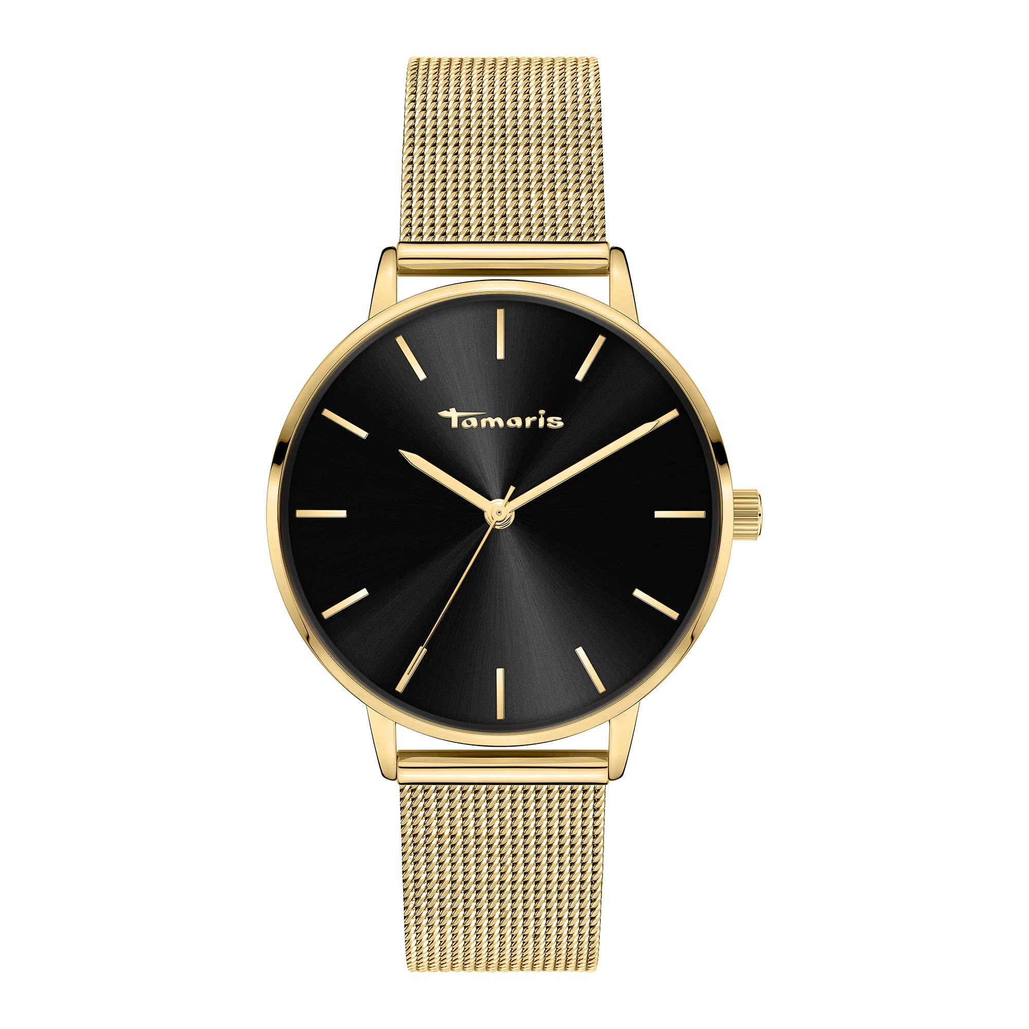 Tamaris Women's Watch - Round Quartz Watch for Women with Stainless Steel Mesh Strap, Gold/Black, 36 mm, Gold Mesh/Black