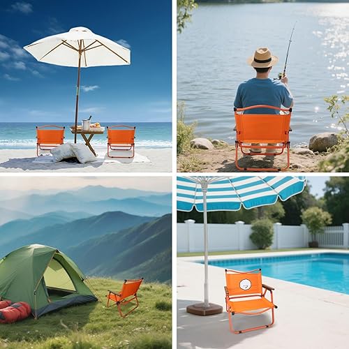 Miniatura 7 de Silla de camping plegable naranja vibrante y alegre, capacidad de 265 libras, diseño portátil ligero con reposabrazos de madera y marco de metal