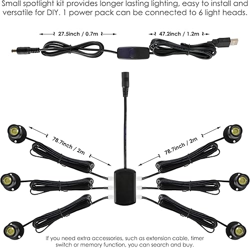 Miniatura 4 de DEDC 6 mini luces LED puntuales, 1 W, 5 V, 6000 K, luces para debajo del gabinete, mini focos para pantallas con atenuador (interruptores de botón