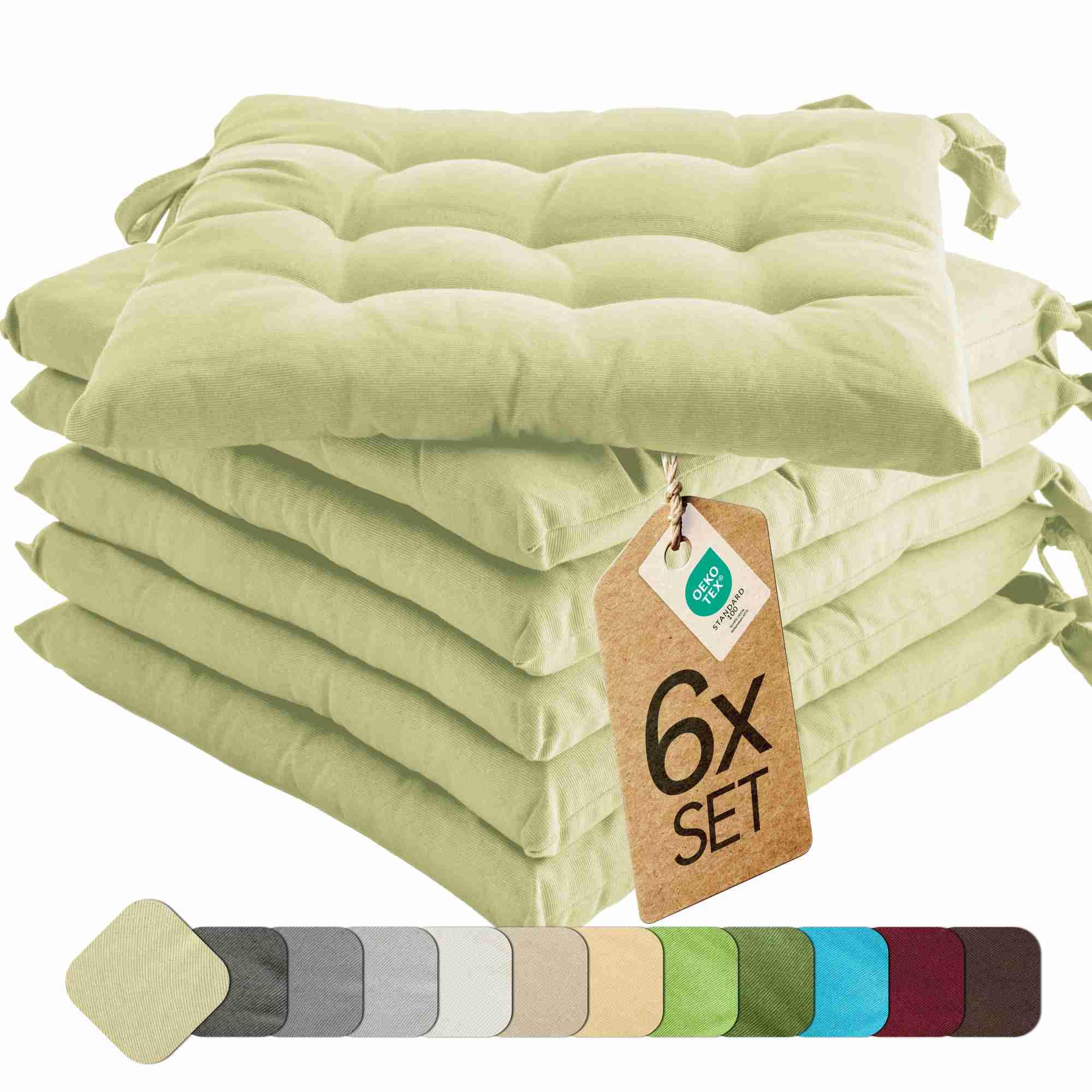etérea 6er Set Sitzkissen Outdoor 40x40 mit Bändern - Stuhlkissen Minze für Gartenstuhl & Innenbereich - waschbare Sitzauflagen Gartenmöbel - 6 Stück Kissen 40x40 cm - Minze