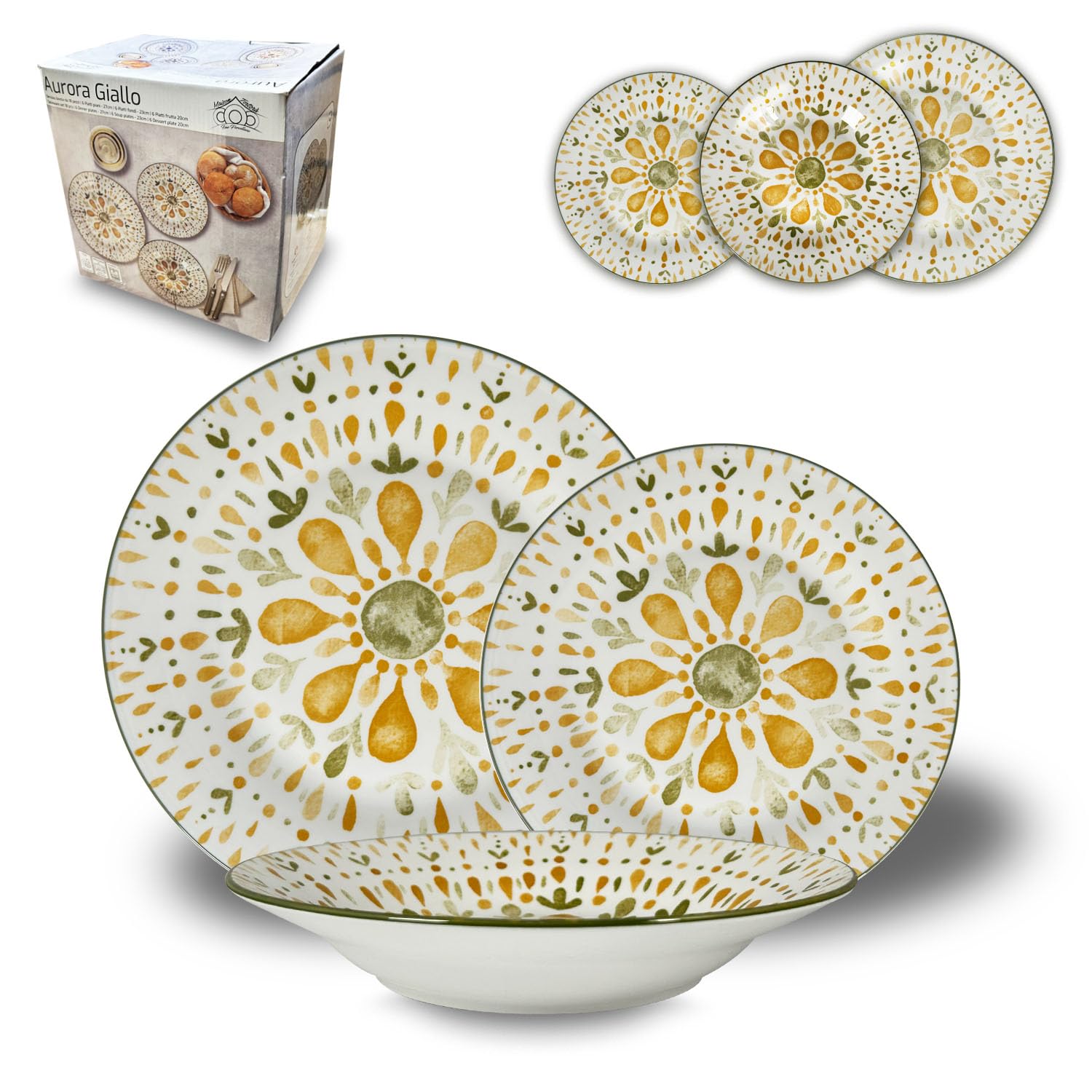 Arca Servizio Piatti 18 Pezzi Astra, Set Tavola per 6 Persone con Piatti Piani, Fondi e Dessert Decorati (GIALLO)