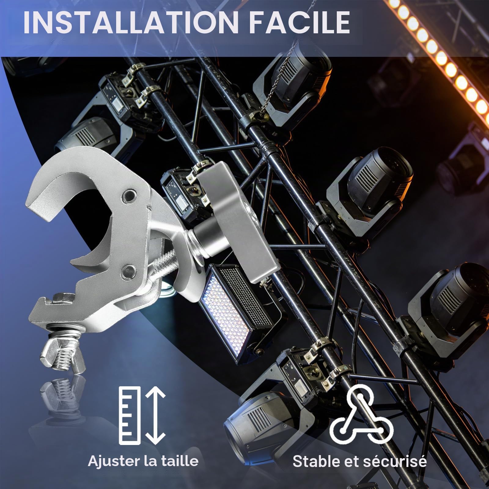 Équipement et accessoires d'éclairage de scène, Pinces en C en aluminium pour échafaudages, durables et réglables, 40-52 mm, avec une portée de 150 kg/330 lb (Lot de 4)