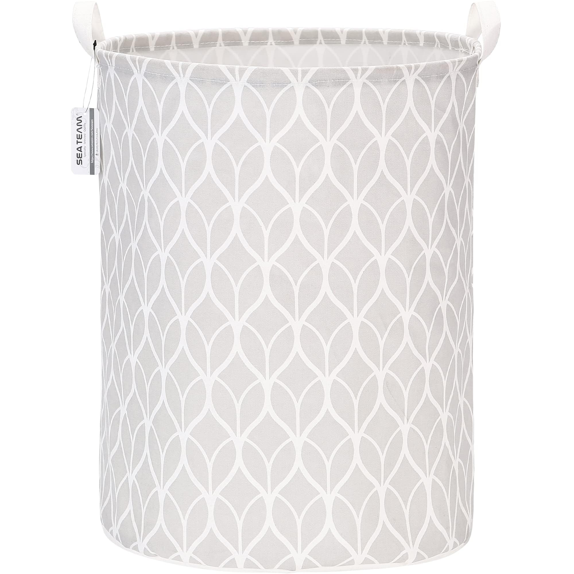 Sea Team 19.7 Inch Large Sized Waterproof Coating Ramie Cotton Fabric Folding Laundry Hamper Bucket Cylindric Burlap Canvas Storage Basket with Stylish Bud Grey Design