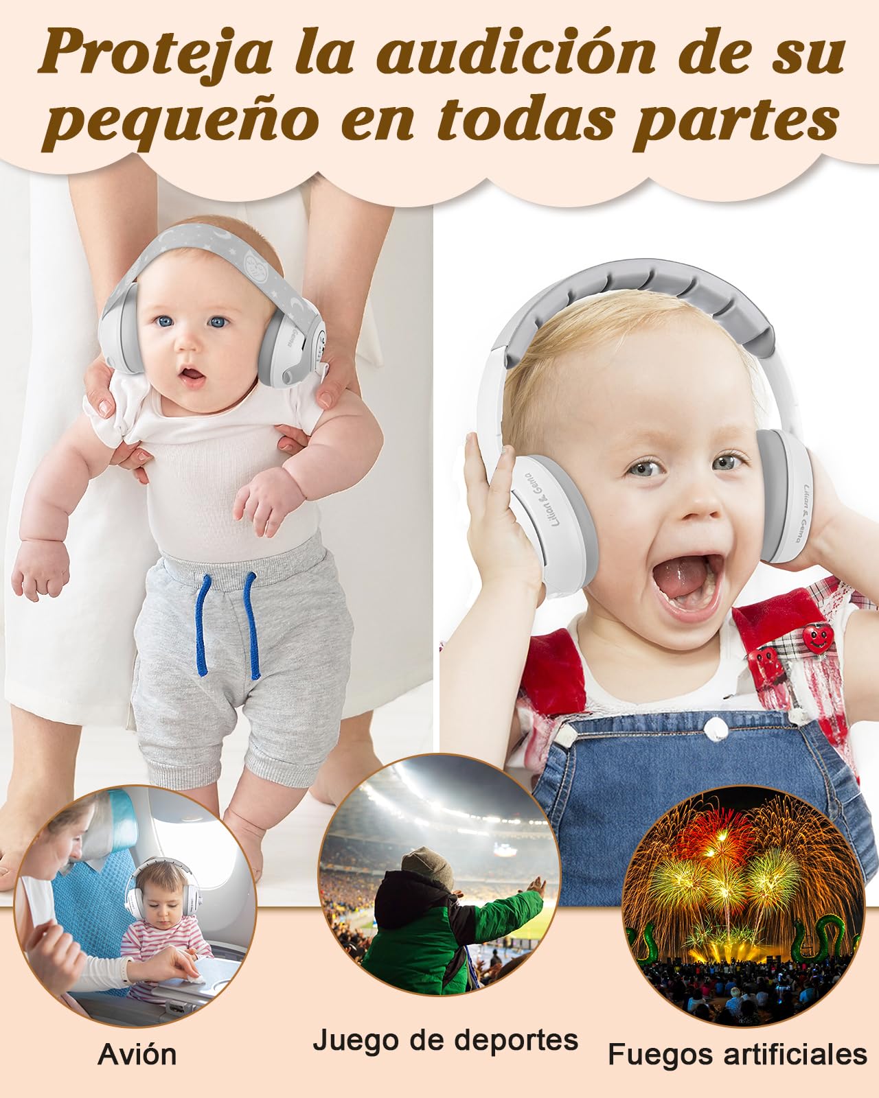 Lilian&Gema 2 en 1 Cascos Bebe Antiruido-Protectores auditivos para bebés，Diadema Ajustable, Antideslizante y sin Presión.Protección auditiva ideal para bebés de hasta 48 meses de edad