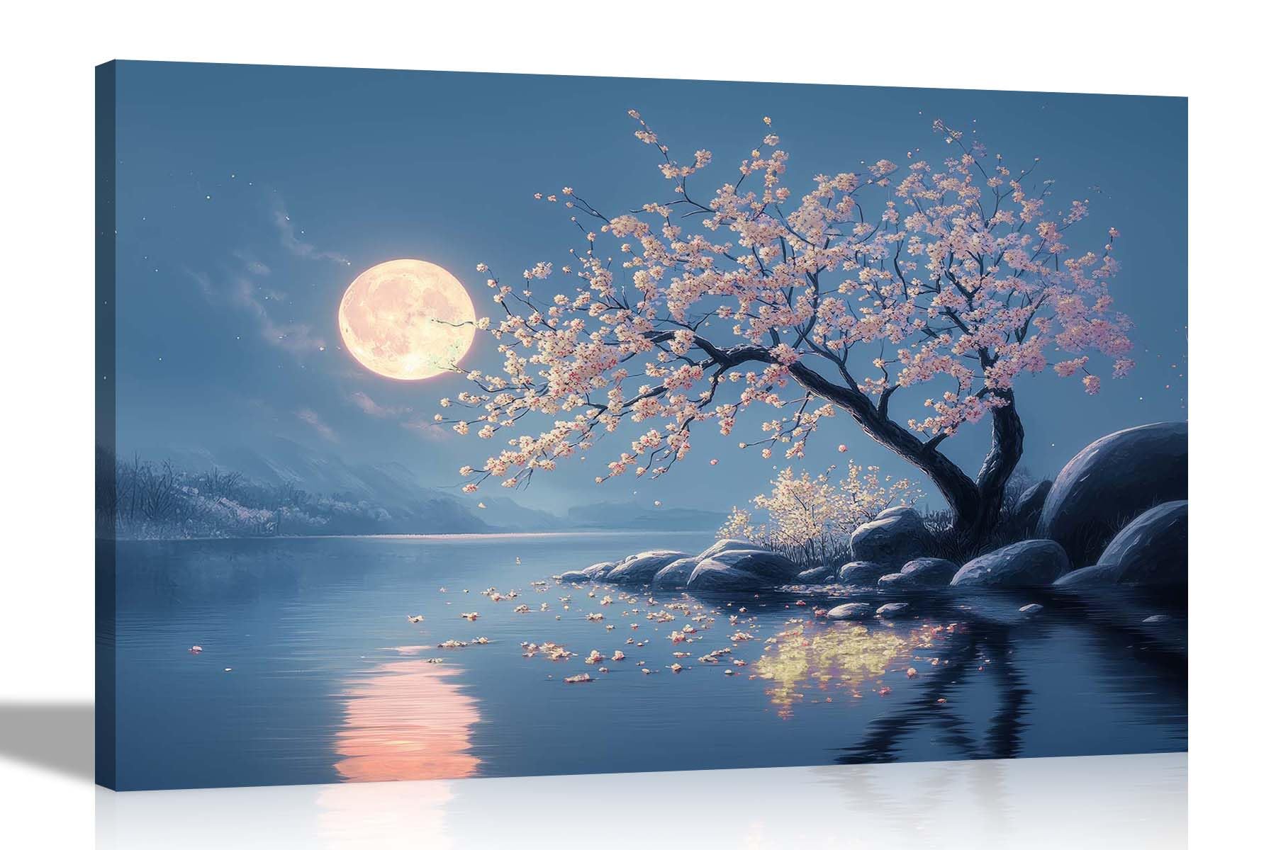 Artley Prints - Full Moon White Blossom lake Tree Canvas Pictures for Wall Modern Framed Oil Painting Prints Home Conservatory 40 x 30cm (16 x 12 inches) A3