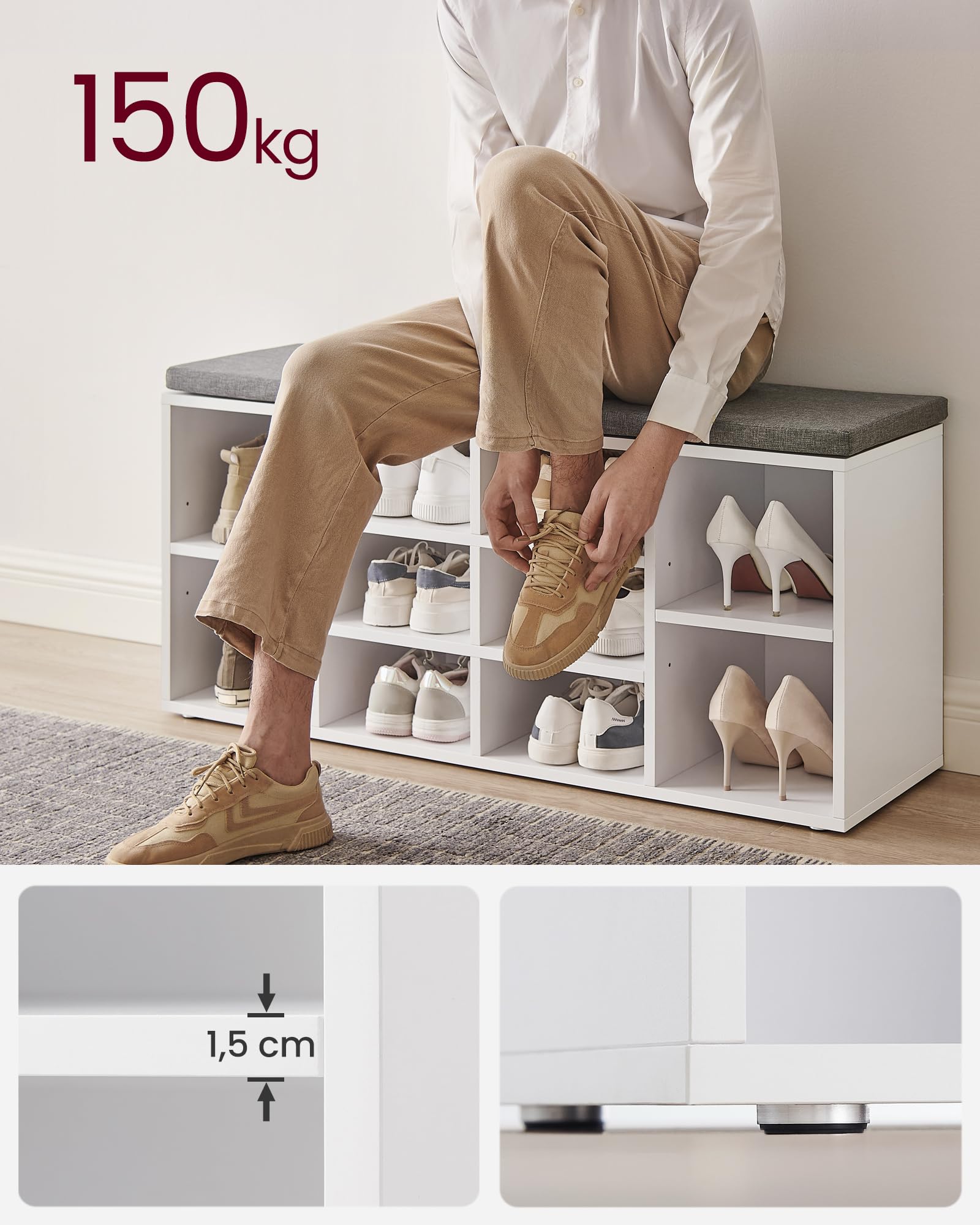 VASAGLE wieszak na buty z ławką, wieszak na buty z 4 potrójnymi haczykami, wieszak na buty z 10 otwartymi przegrodami, wieszak ścienny, wieszaki na ubrania, ławka, wieszaki na ubrania do przedpokoju, biało-szary LSR130W10