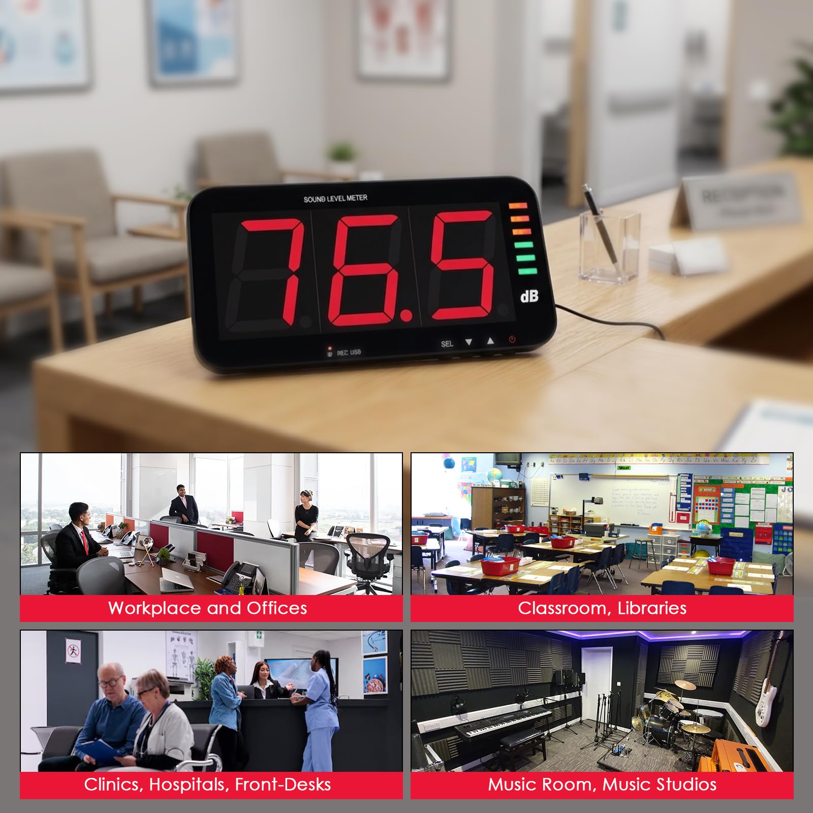 Fonometro Digitale da Parete (30~130 dB) con Display da 13 Pollici, Funzione di Registrazione Dati e Allarme Ccustico, Supporto per Connessione PC