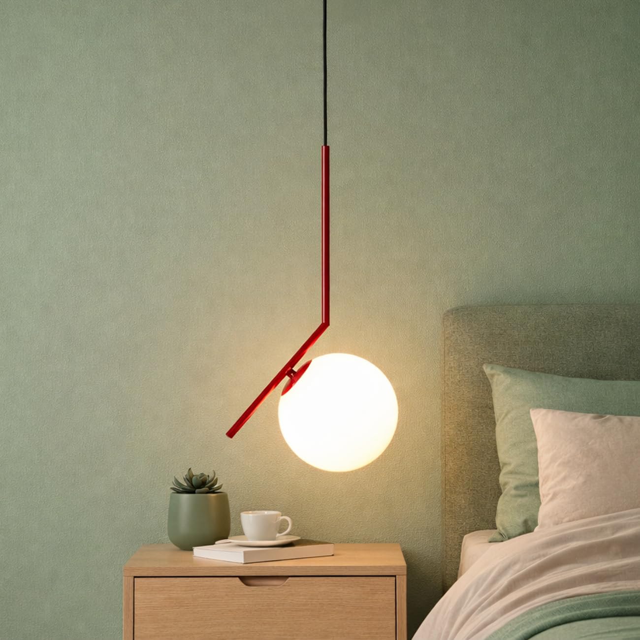 BARCELONA LED Lampada a Sospensione in Vetro a Sfera E27, Corpo in Metallo Alluminio con in Vetro Opalino, Stile Nordico Moderno Giapponese Industriale e Classico per Soggiorno e Cucina, Rosso