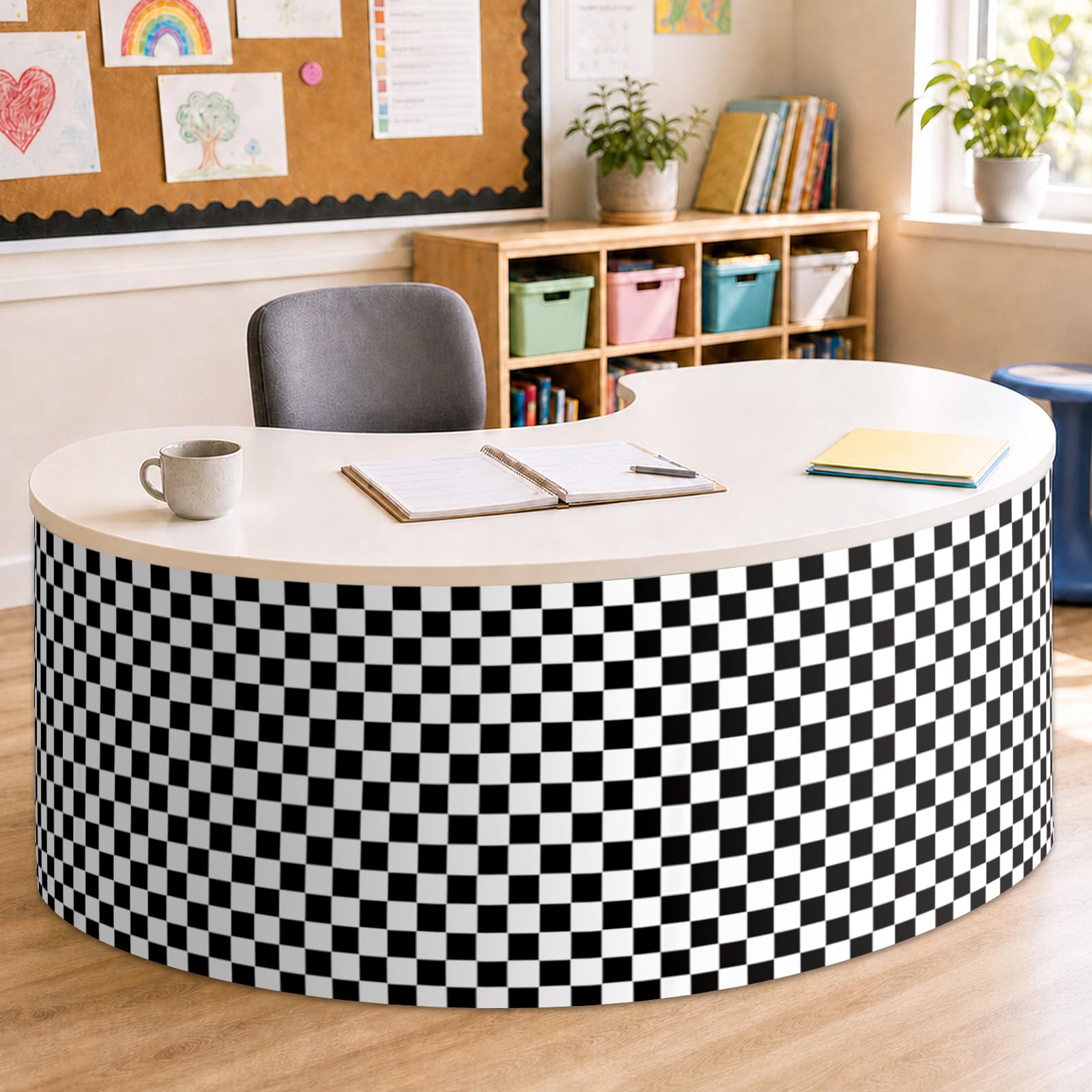 9FT Black and White Checkered Table Skirt Teacher Desk Skirt for Classroom Rectangle Back to School Tablecloth for Race Car Birthday Party Decorations Kindergarten Office Dorm Bookcase Cabinet