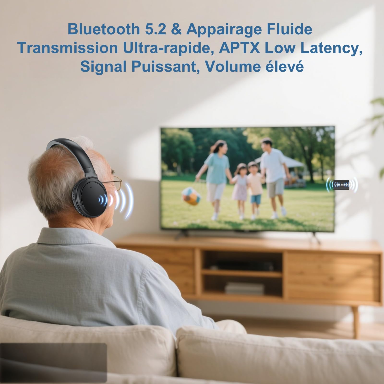 Casque Bluetooth sans Fil pour TV - sans Bouton Volume pour Séniors - Émetteur Signal Puissant, Plug & Play, Zéro Délai Audio - Compatible avec 99% des Téléviseurs Optique/AUX/RCA/USB