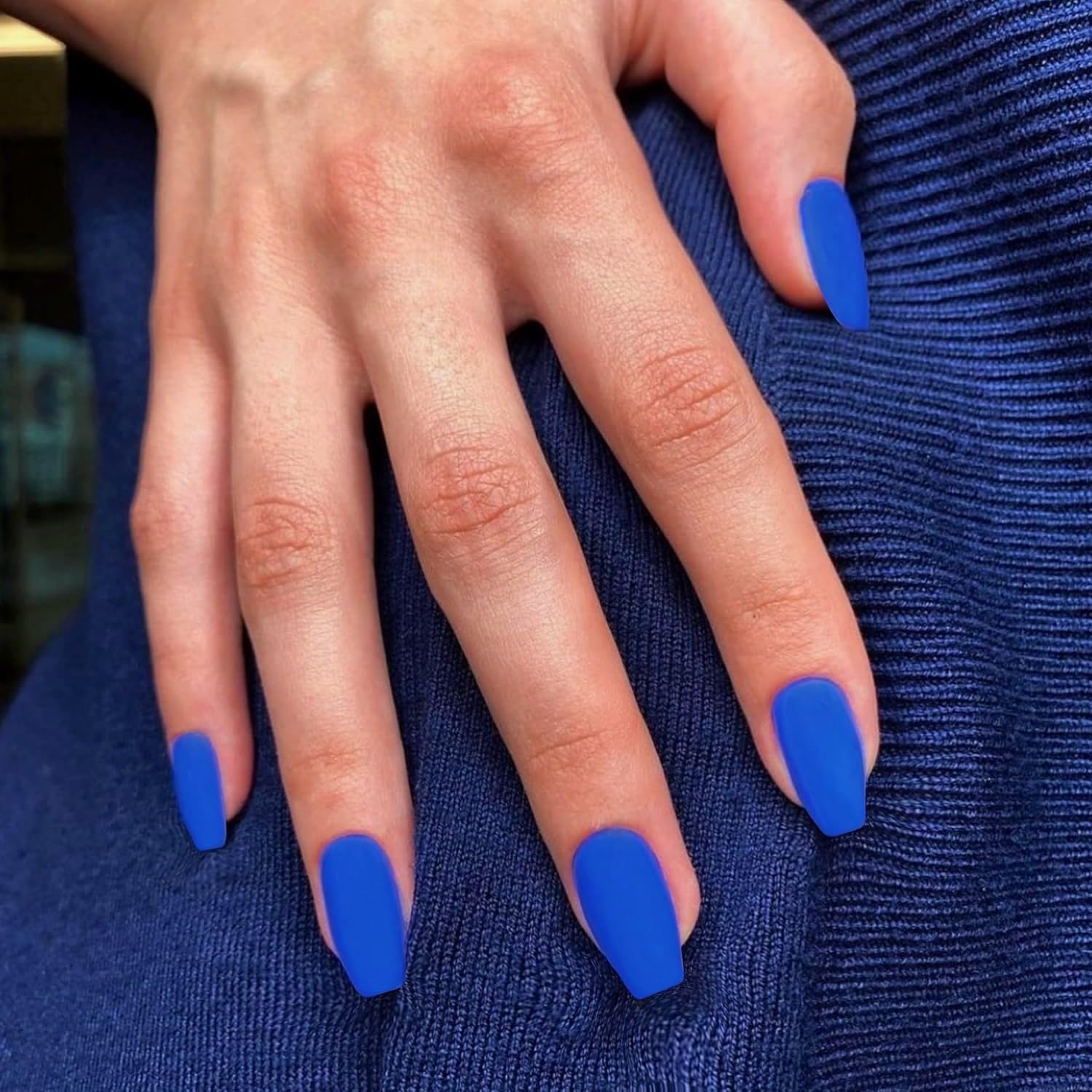 KQueenest Acrylic Press on Nails Short Medium Coffin, Matte Royal Blue False Nails Short Ballerina