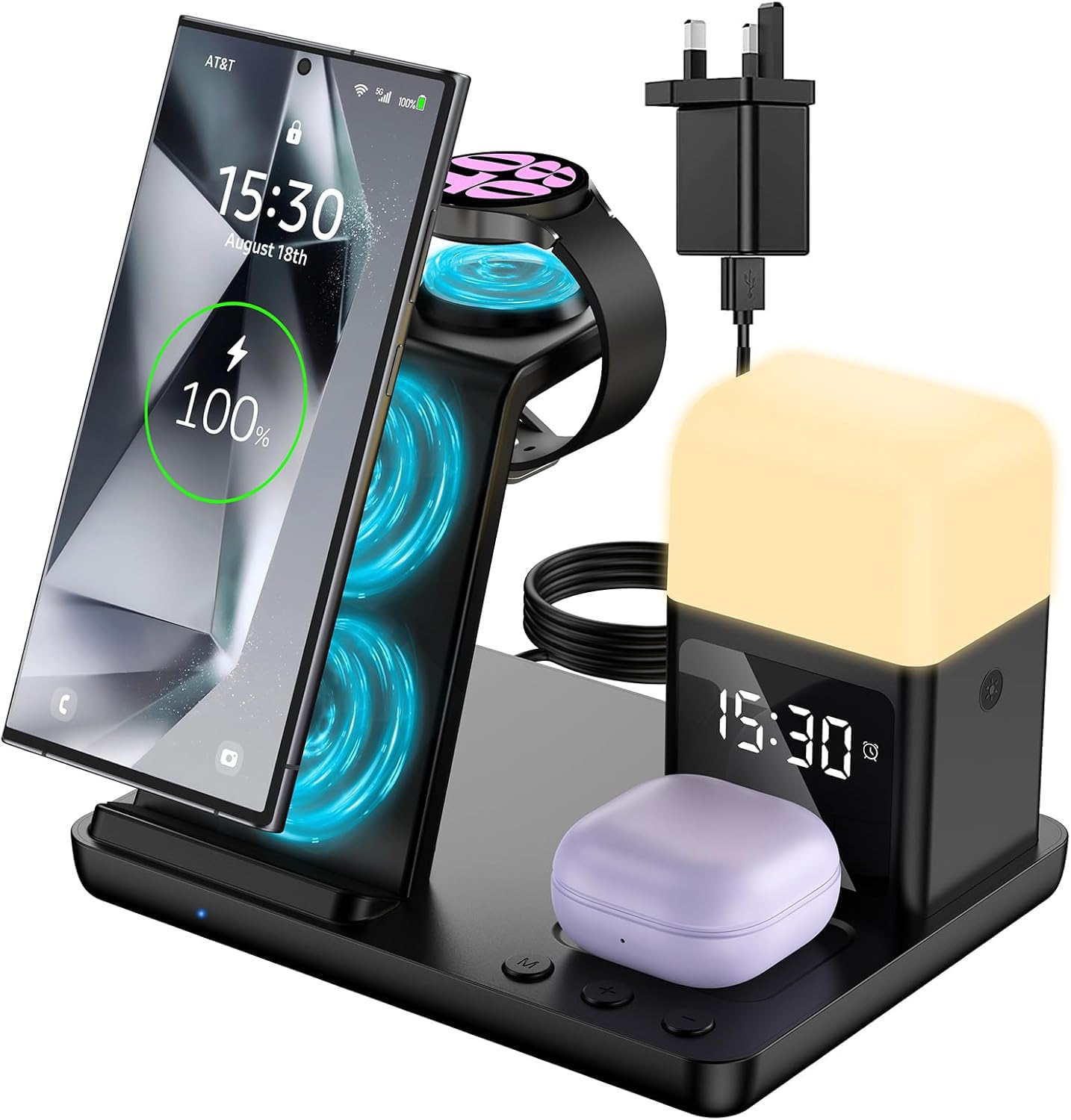 DoubleCare Wireless Charger, 6 in 1 Wireless Charging Station with Night Light, Alarm Clock, 15W Fast Magnetic Charger, Compatible with Samsung Galaxy, iPhone, Galaxy Watch, Airpods Pro, Galaxy Buds