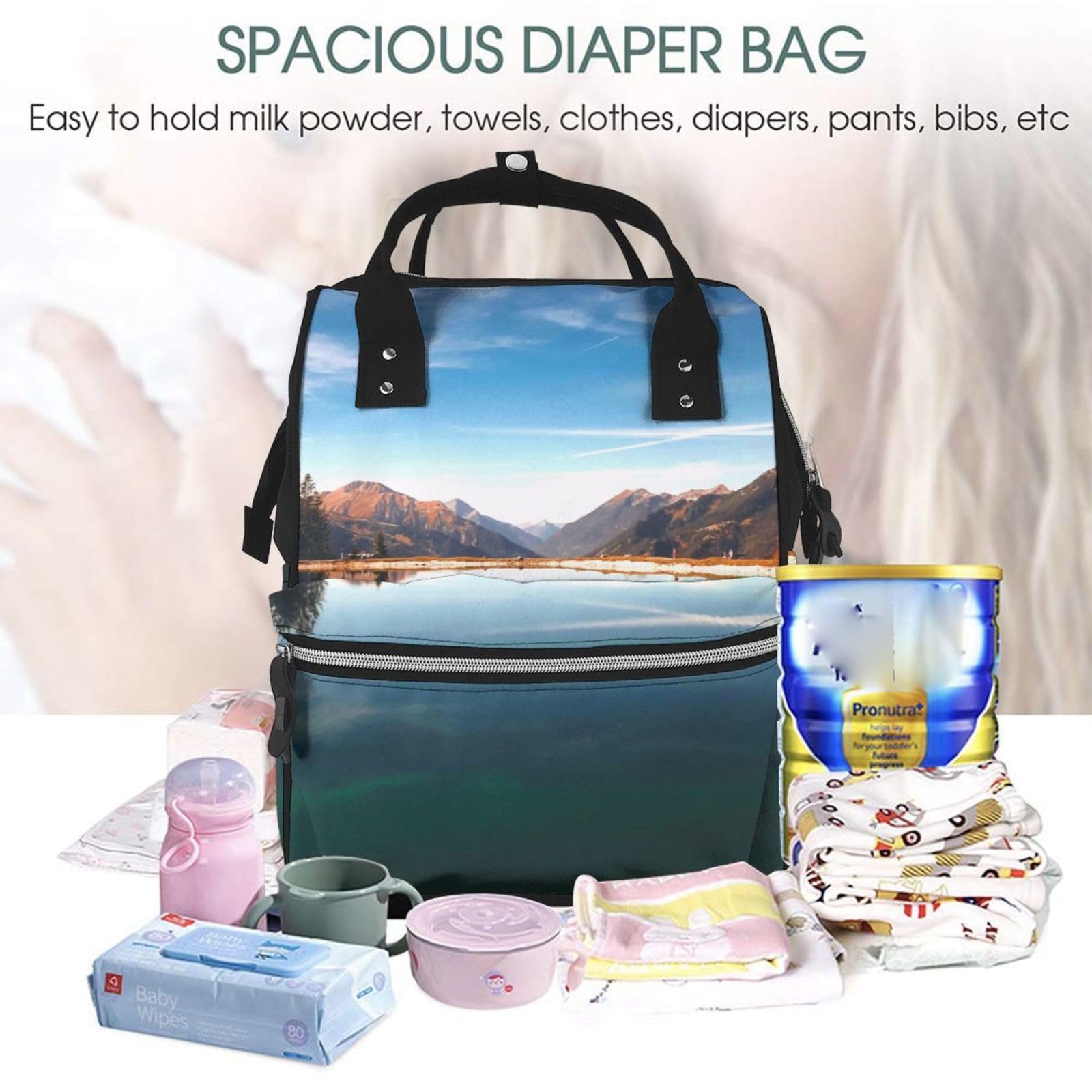 PEIXEN Mumientasche, Motiv: Berge umgeben den See, große Kapazität, Wickeltasche, multifunktionaler Reiserucksack für Damen, Schwarz, Einheitsgröße