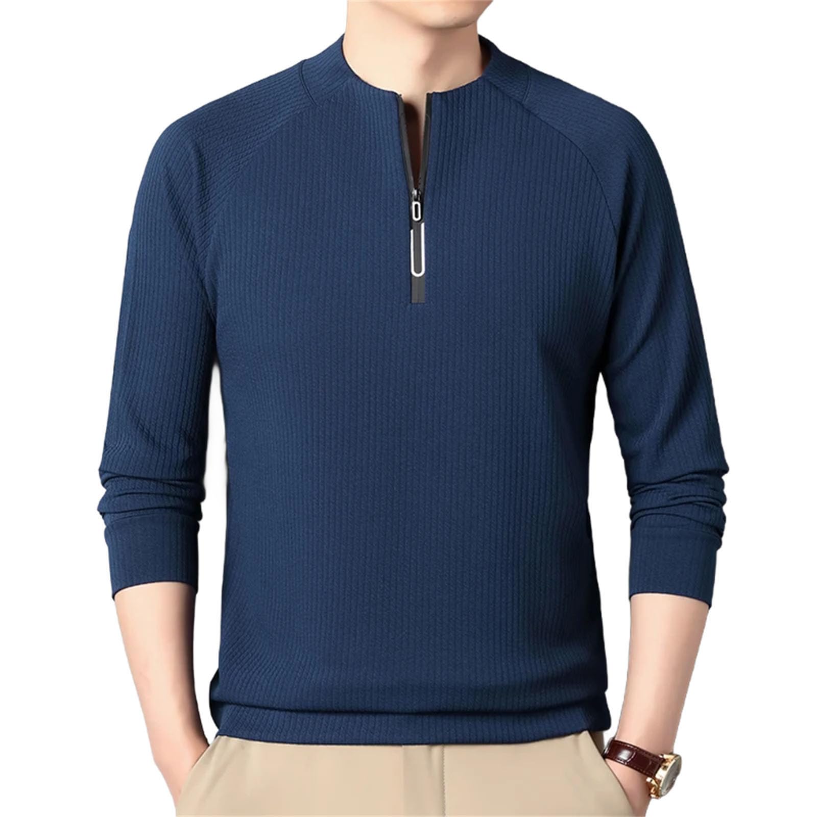 T-shirt da uomo con colletto rialzato, mezza zip, leggera, traspirante, a maniche lunghe, casual, alla moda, vestibilità larga