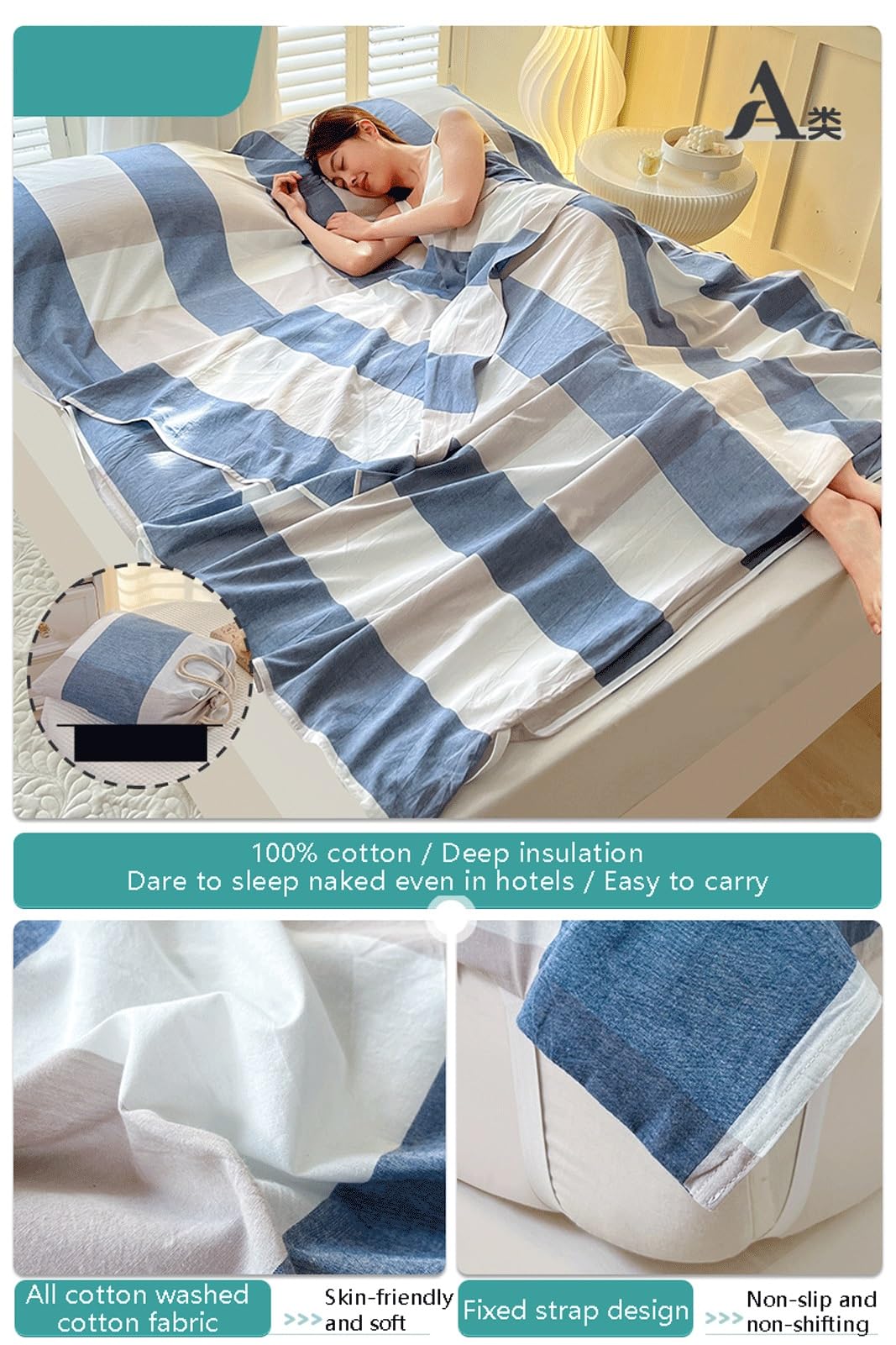 RUZGAR Sacco Lenzuolo Sacco a Pelo Capanna 100% Cotone Lavato Morbido e Confortevole Singolo Matrimoniale Lenzuola a Sacco da Viaggio Campeggio Sacco Letto(Blue E,80x210cm-31x82)