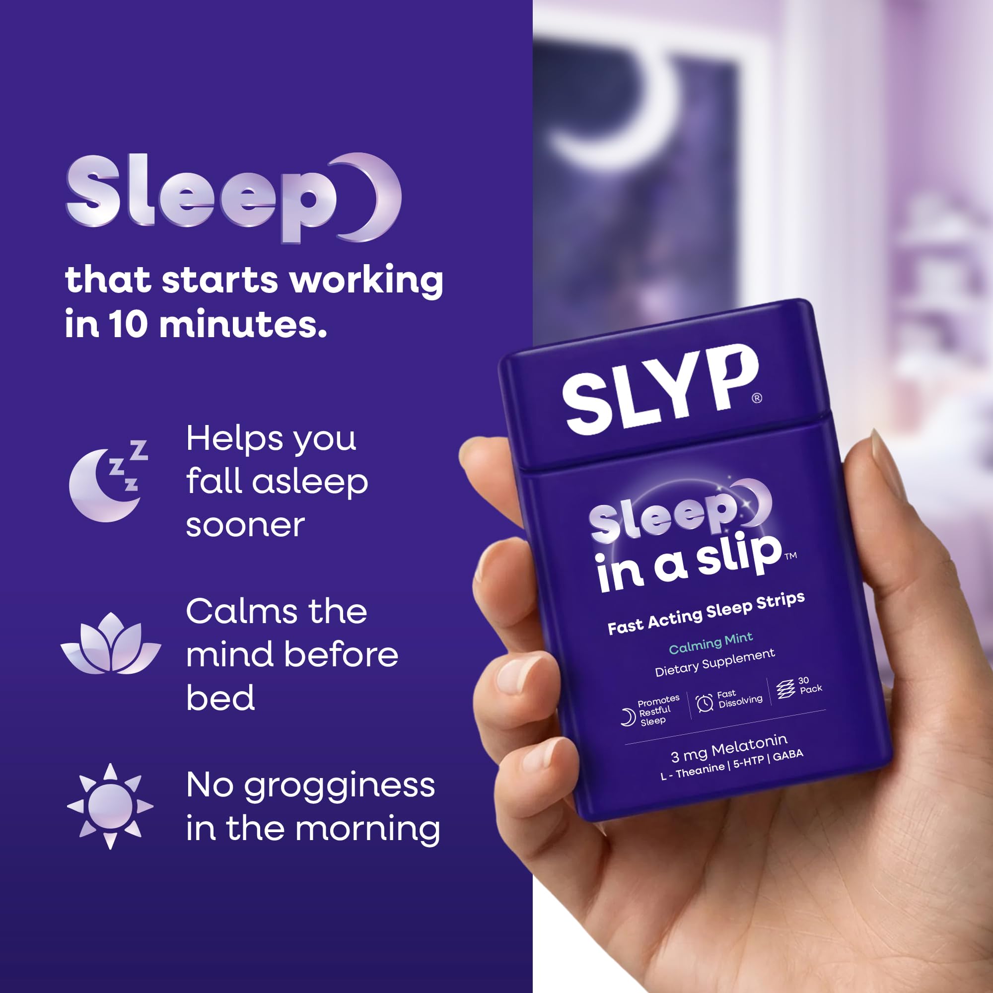 slyp Fast-Dissolving Oral Mint Sleep Strips, Natural Sleep Aid for Adults & Kids with Melatonin 3mg, L-Theanine, GABA & 5-HTP for Calm Support & Alternative to Sleeping Pills & Gummies – 30 Strips — Amazon image 2