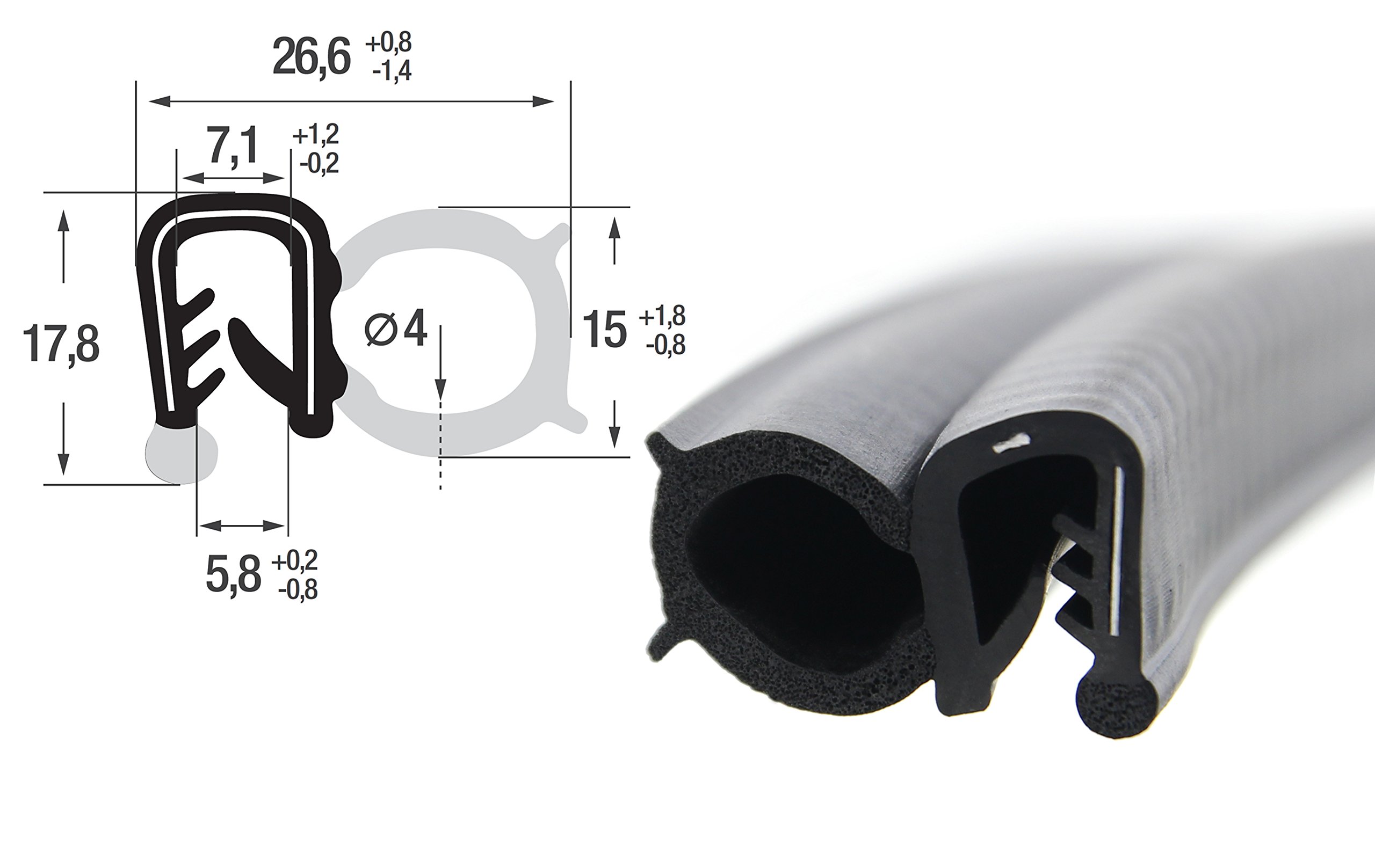 SMI-Dichtungsprofil DS38 für 2-4mm EPDM Moosgummi/Vollgummi mit Stahleinlage selbstklemmend ohne Kleber - Kantenschutz mit Dichtung seitlich, Kantenschutzdichtprofil für Auto, Kofferraum (10 m)
