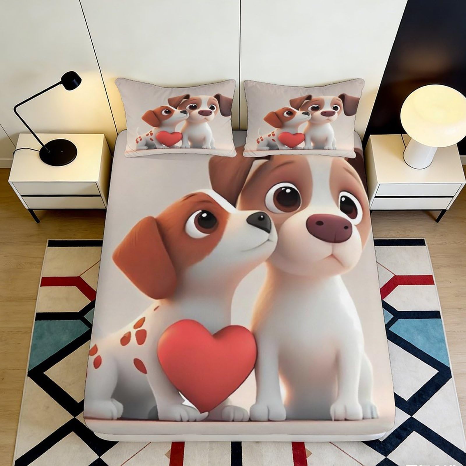3D Printed Cartoon Dog Fitted Sheet Microfiber Soft Breathable Heart Pattern Bed Cover for Bedroom Guest Room Decor 90x200x25cm
