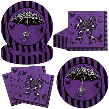 40pcs Wednesday Birthday Decorations Purple and Black Birthday Party Decorations Wednesday Party Plates and Napkins For Wednesday Party Decorations,Suitable for 20 Guests