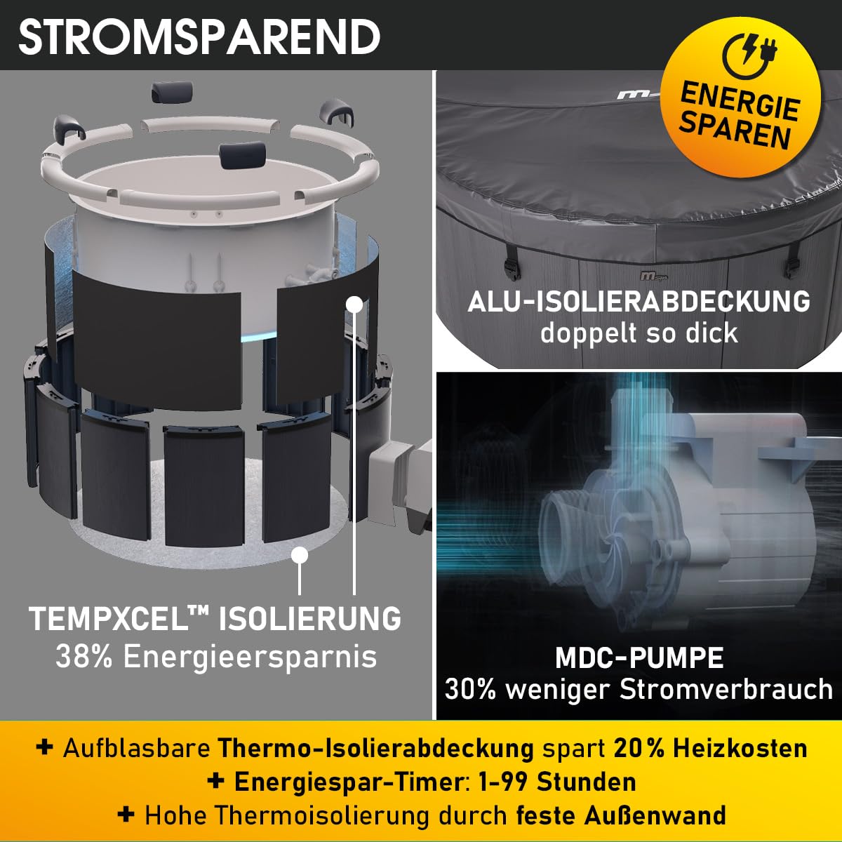 BRAST Whirlpool MSpa Denver mit Fester Außenwand | Ø182x70cm | LED-Beleuchtung mit 20 einstellbaren Farben für 6 Personen | 130 Massagedüsen | Ganzjähriger Einsatz Winterfest | In & Outdoor Pool