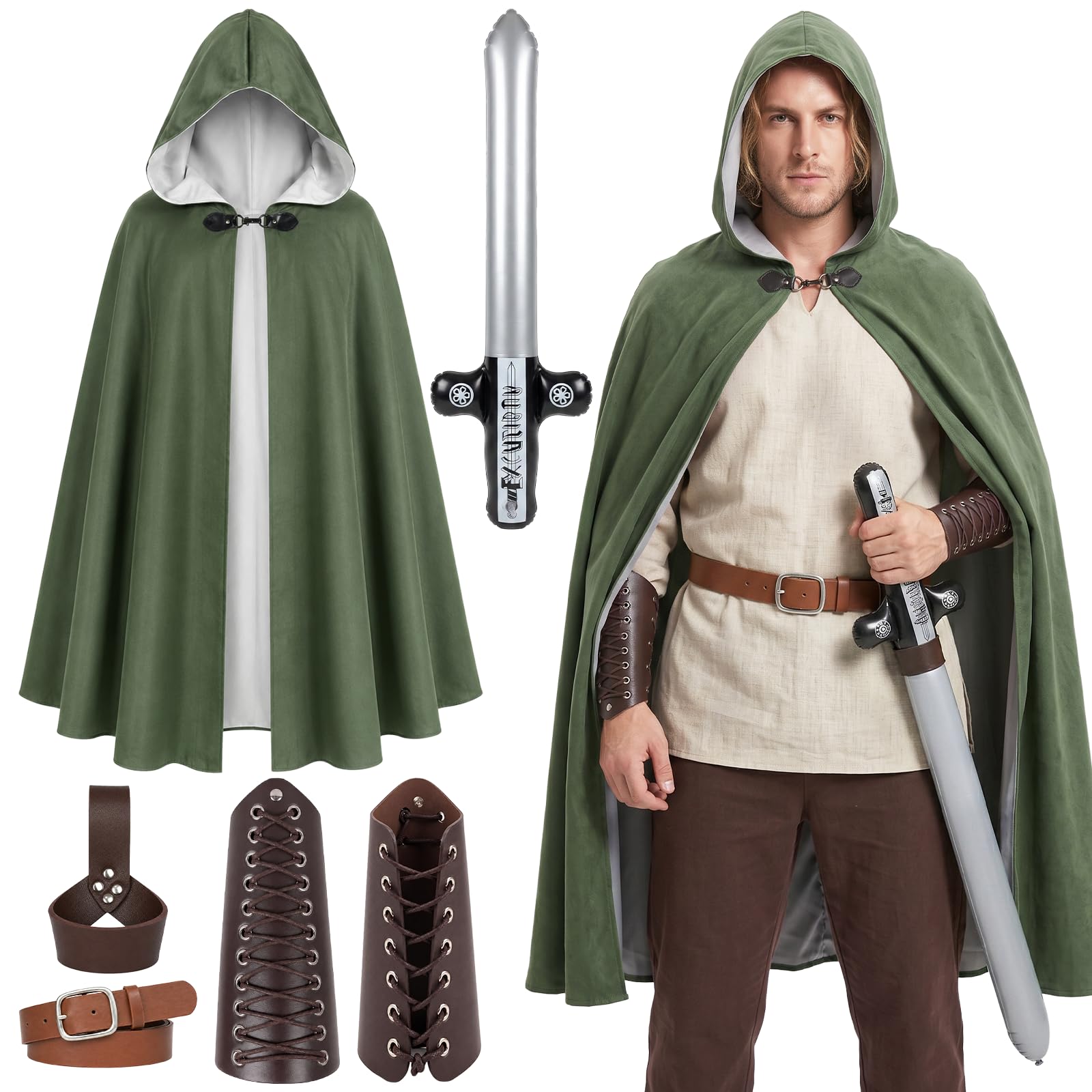 5Pcs Medieval Fancy Dress Costume Set for Adult Men Halloween Cosplay