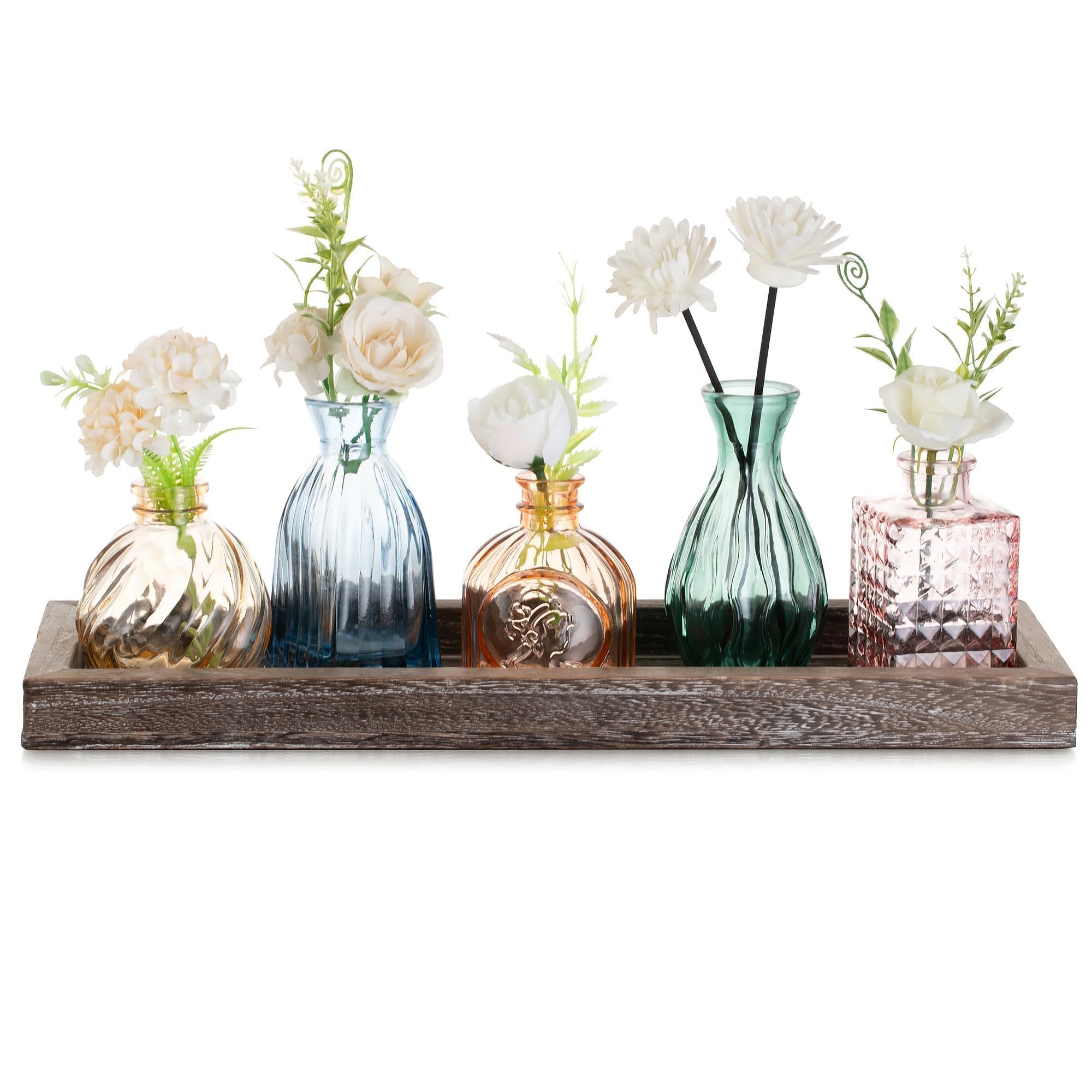 Glasseam Piccolo Vaso di Vetro per La Casa: 5 Vasi Colorati con Vassoio di Legno per Il Centrotavola del Soggiorno E Dell'Ufficio - Set di Vasi di Fiori di Classe per I Regali di Compleanno