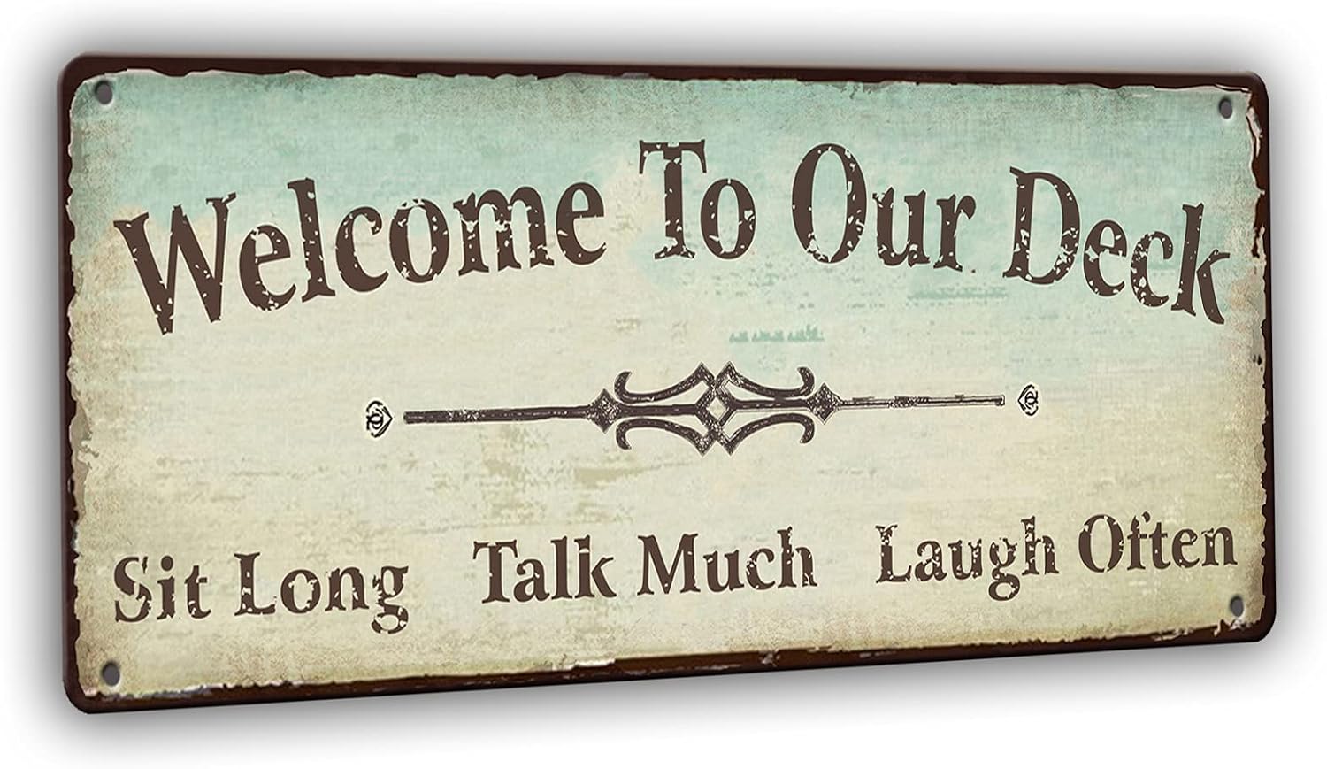 Welcome to Our Deck Sign Outdoor Decorations, Rustic Metal Tin Signs Backyard Wall Decor Accessories 15.8 x 5.9 Inches