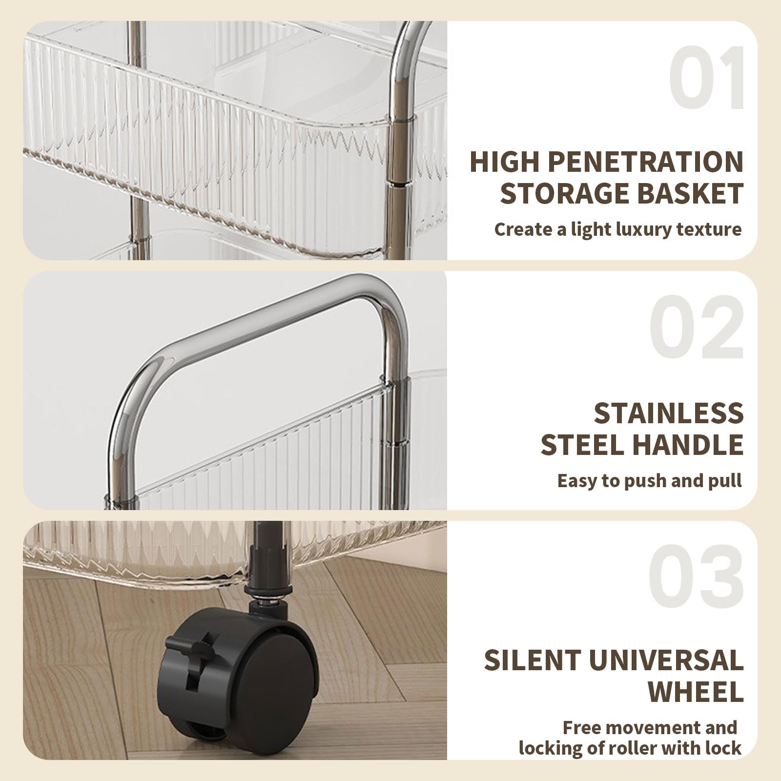 2-Tier Rolling Storage Cart, Clear Bathroom Organizer, Transparent Acrylic Trolley for Office Living Room - Image 3