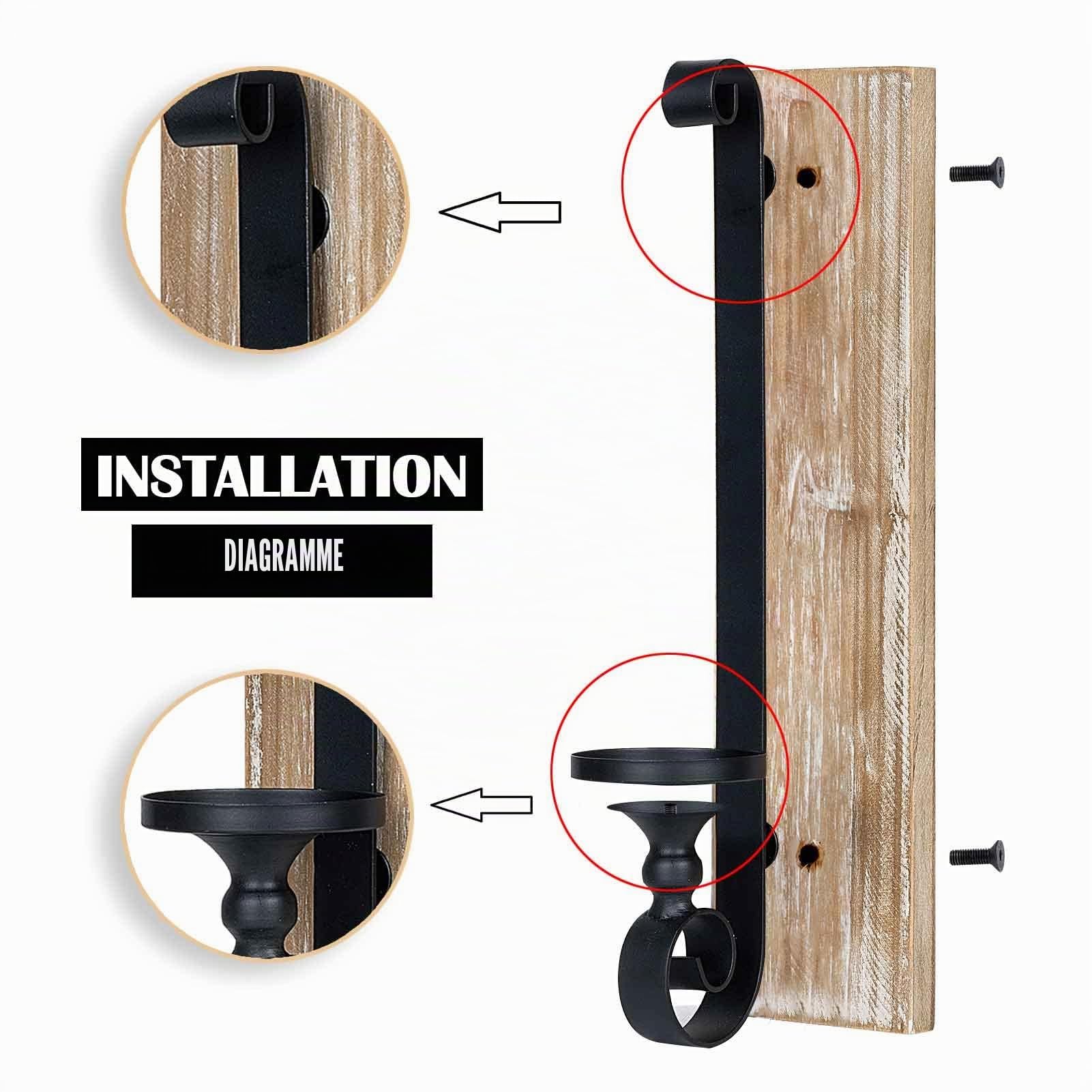 Lot de 2 photophores muraux noirs en métal et bois pour salon, salle de bain, salle à manger