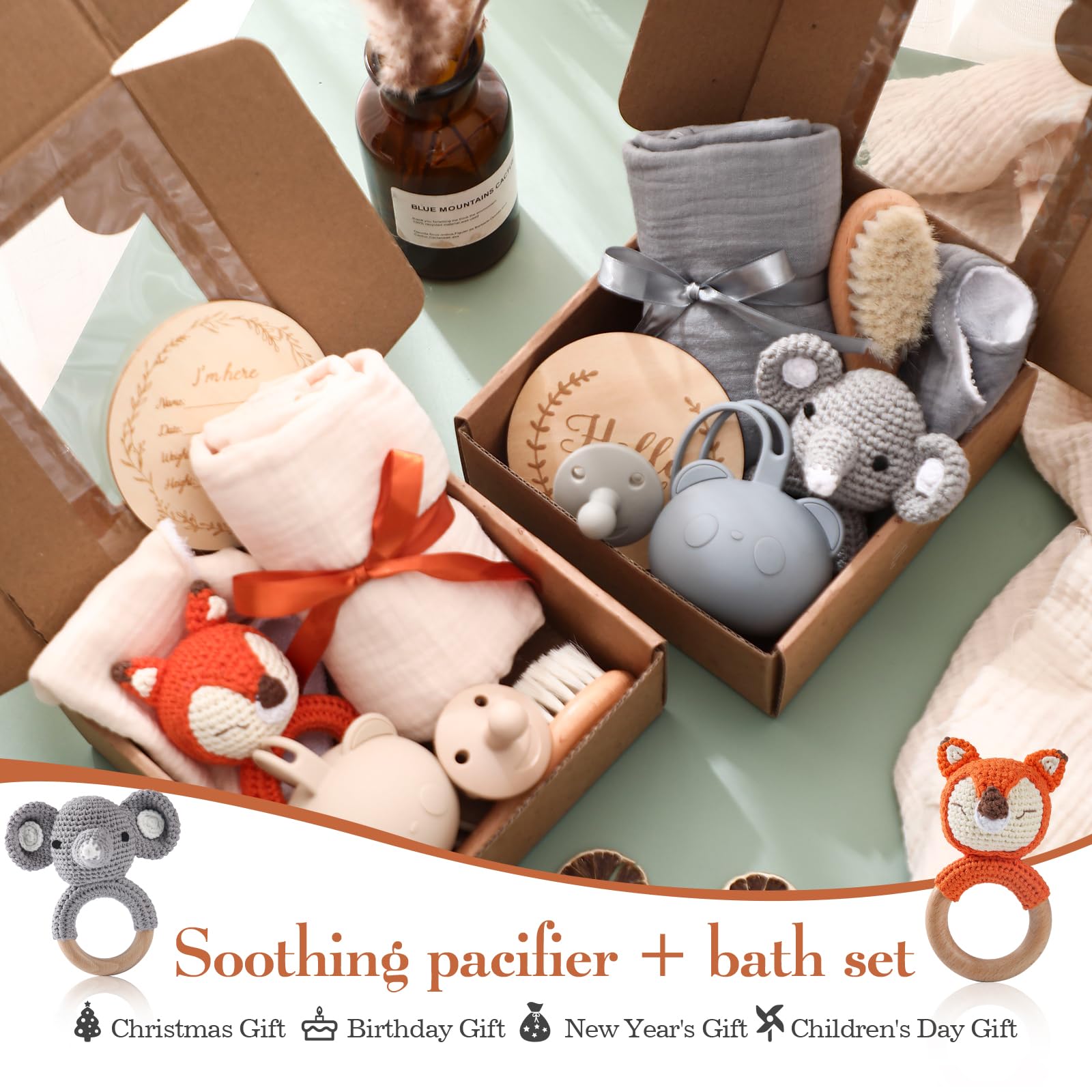 Youuys 7 Pezzi Regalo Set per Neonato, Regalo per Bambino e Bambina, Asciugamano da Bagno, Sonaglio, Giocattolo in Legno, Cartoline, Calzini, Spazzola, Baby Shower (Elefante-2)