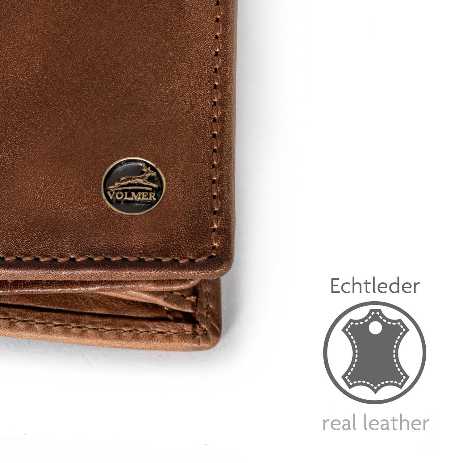 Fa.Volmer VO47 - Cartera de piel auténtica, protección RFID, 9 compartimentos para tarjetas y monedero, incluye caja de regalo, marrón envejecido, medium, Clásico