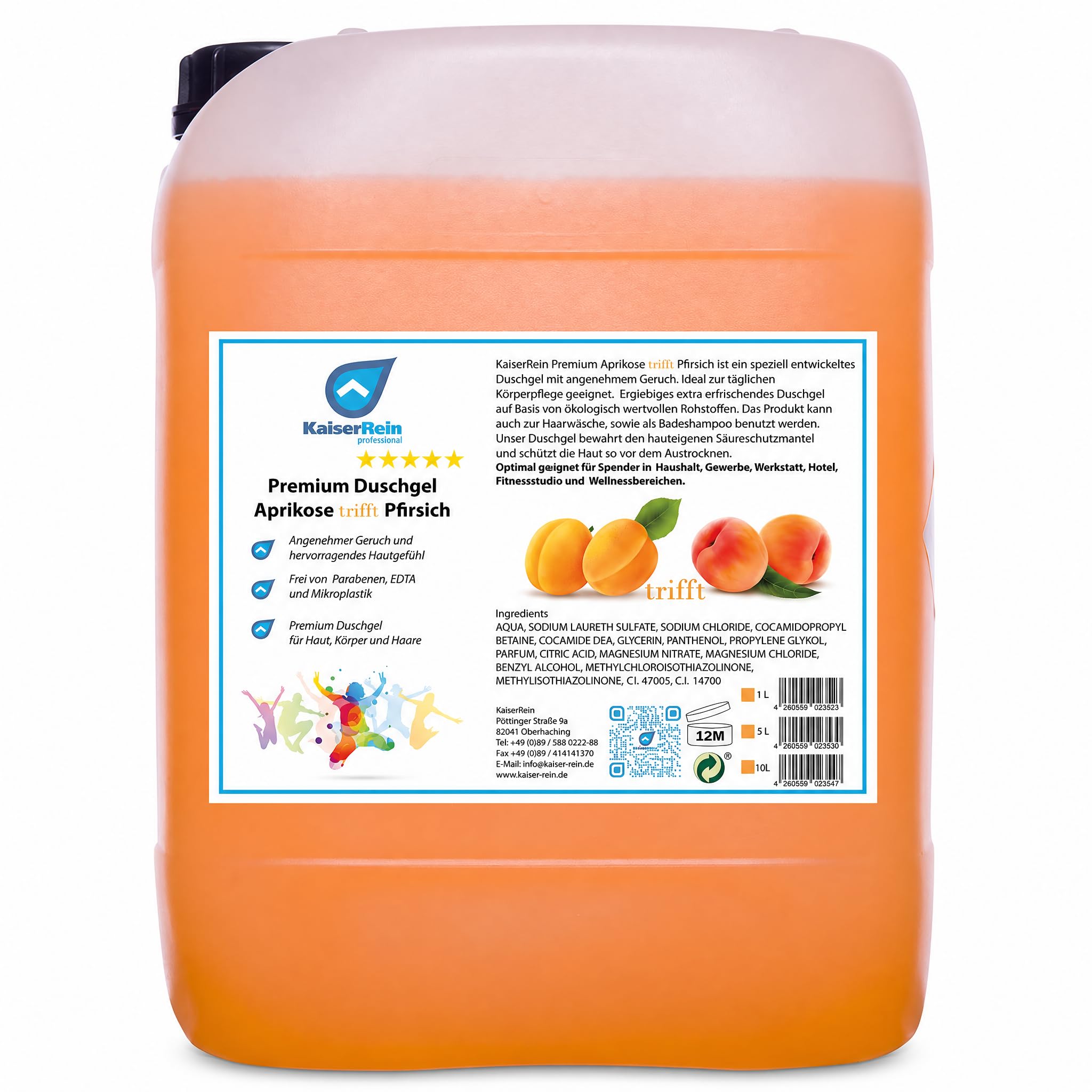 KaiserRein Duschgel Aprikose-Pfirsich, 10 L Nachfüllkanister, 3-in-1 Duschgel Shampoo Badezusatz, für Spender, fruchtiger Duft, mikroplastikfrei, ohne Parabene & EDTA