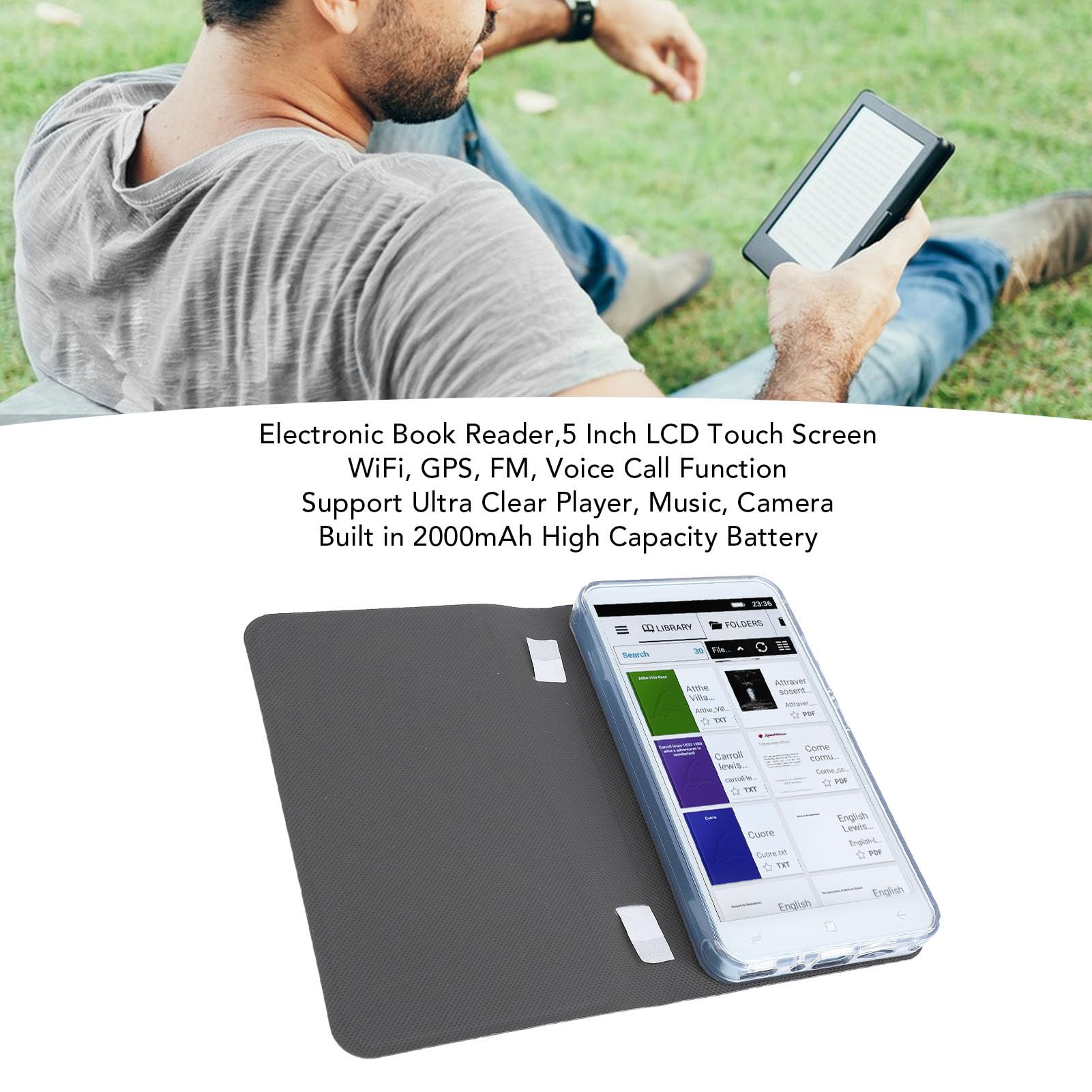 Lecteur de Livres électroniques, Lecteur de Livre Numérique Portable WiFi avec écran Tactile LCD de 5 Pouces, étui, Conception Légère, pour Les Voyages Scolaires