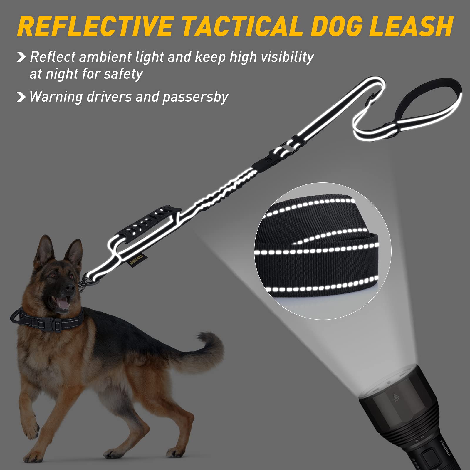 AUBELL Tactical Dog Lead Heavy Duty,4-6ft Reflective Strong No Pull Bungee Lead for Medium Large Dogs with Comfortable Padded Double Handle,Car Harness - Image 2