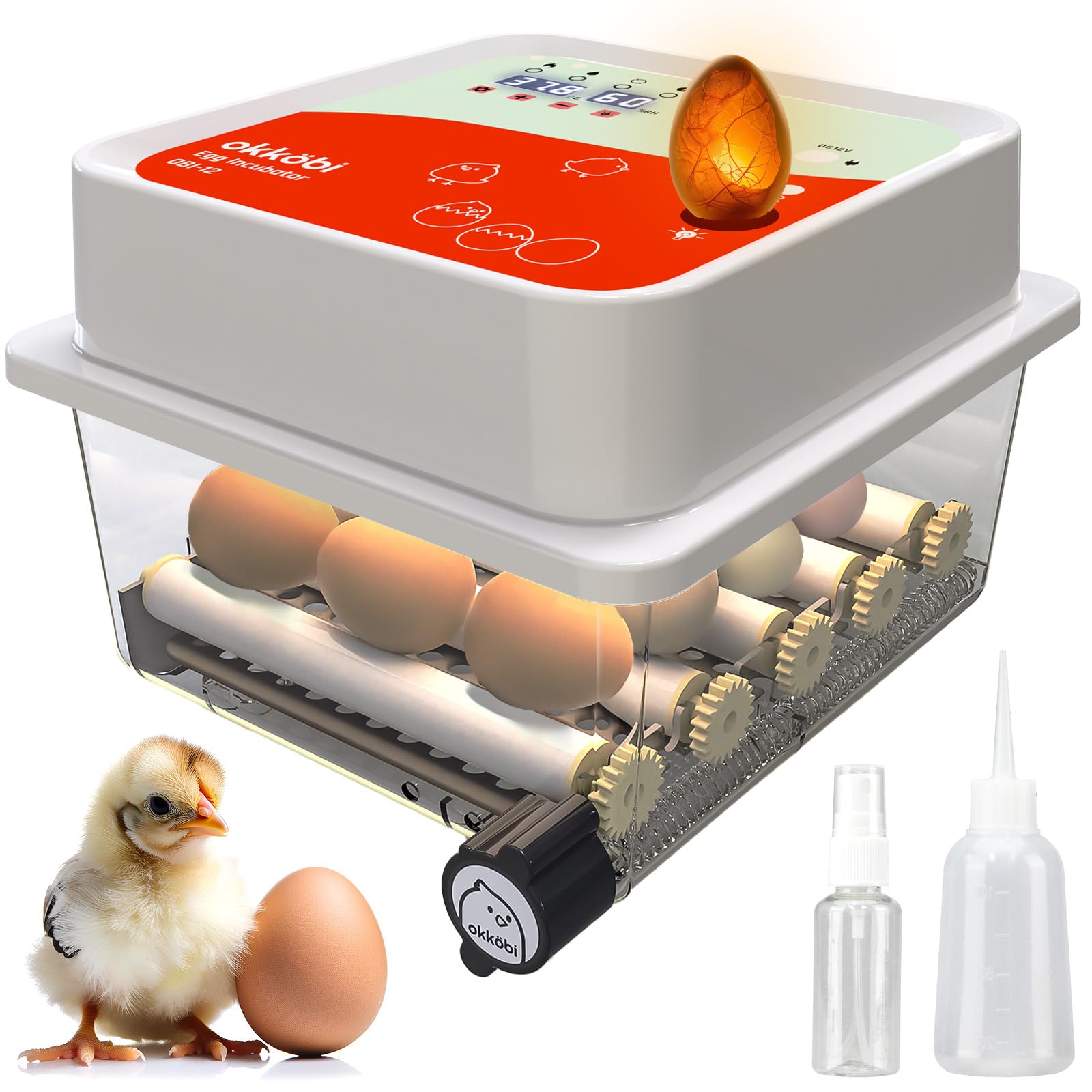 OBI-12 Egg Incubator for Hatching Chickens, Ducks & Other Birds + Temperature Control + Humidity Display + Integrated Egg Candler + Automatic Egg Turner + 5 Year Assurance