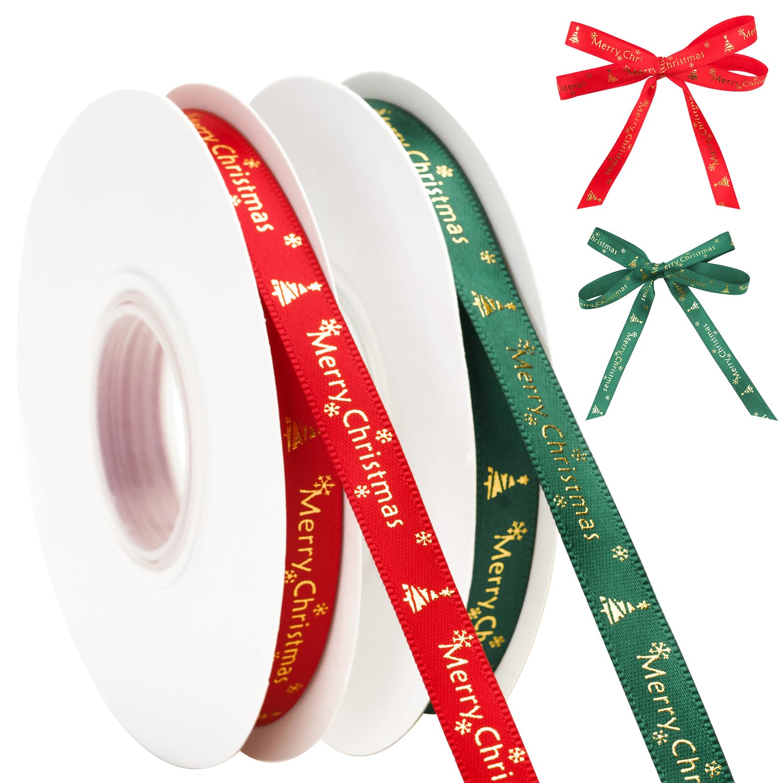 G2PLUS 10mm Merry Christmas Ribbon: Red and Green Grosgrain Band with Gold Christmas Tree and Snowflakes, 50 Yard for Tree Decoration, DIY Crafts,Gift Wrapping
