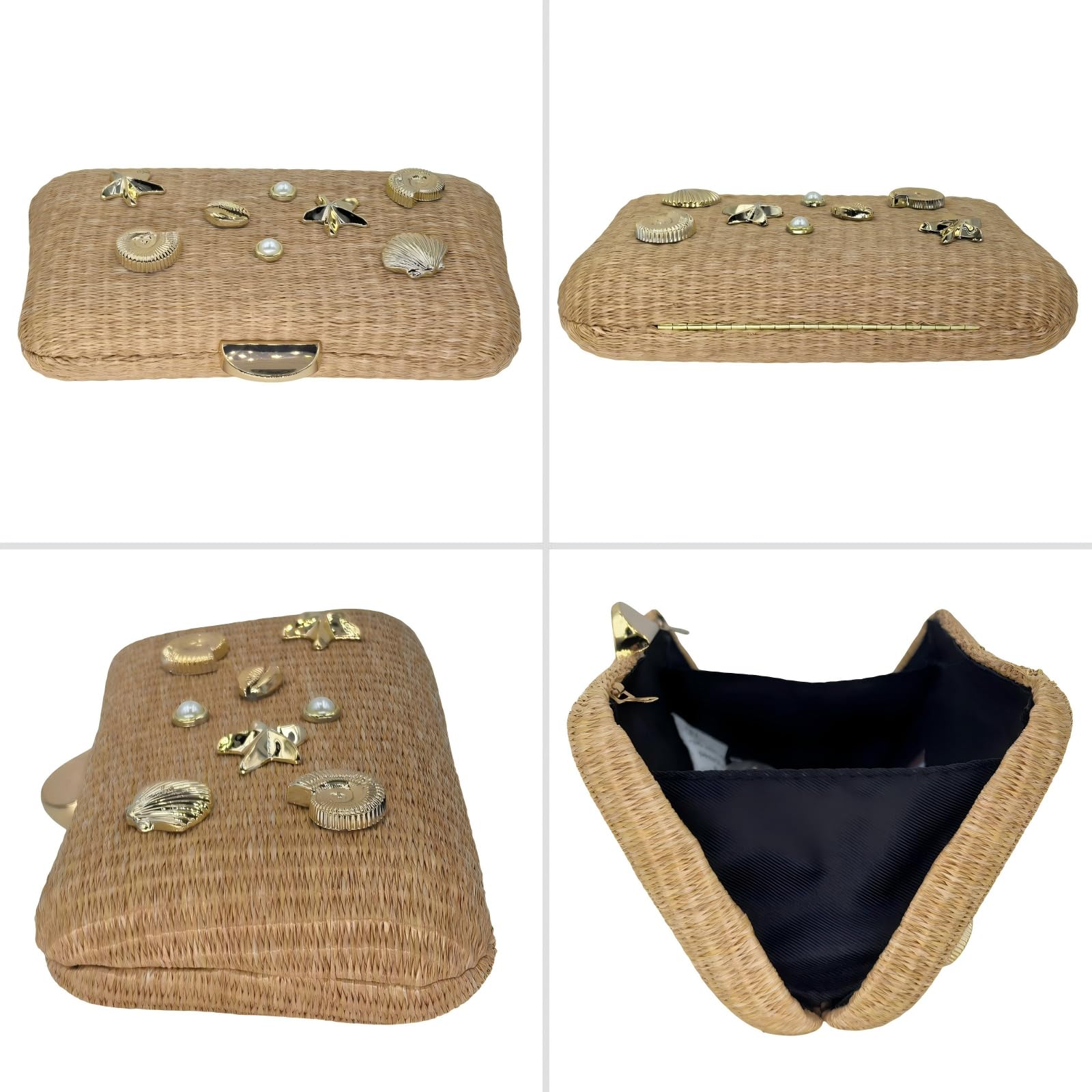 Boutique De FGG Pochette in paglia intrecciata con accenti di conchiglie, borsa da sera da spiaggia bohémien, borsa da donna leggera per feste estive