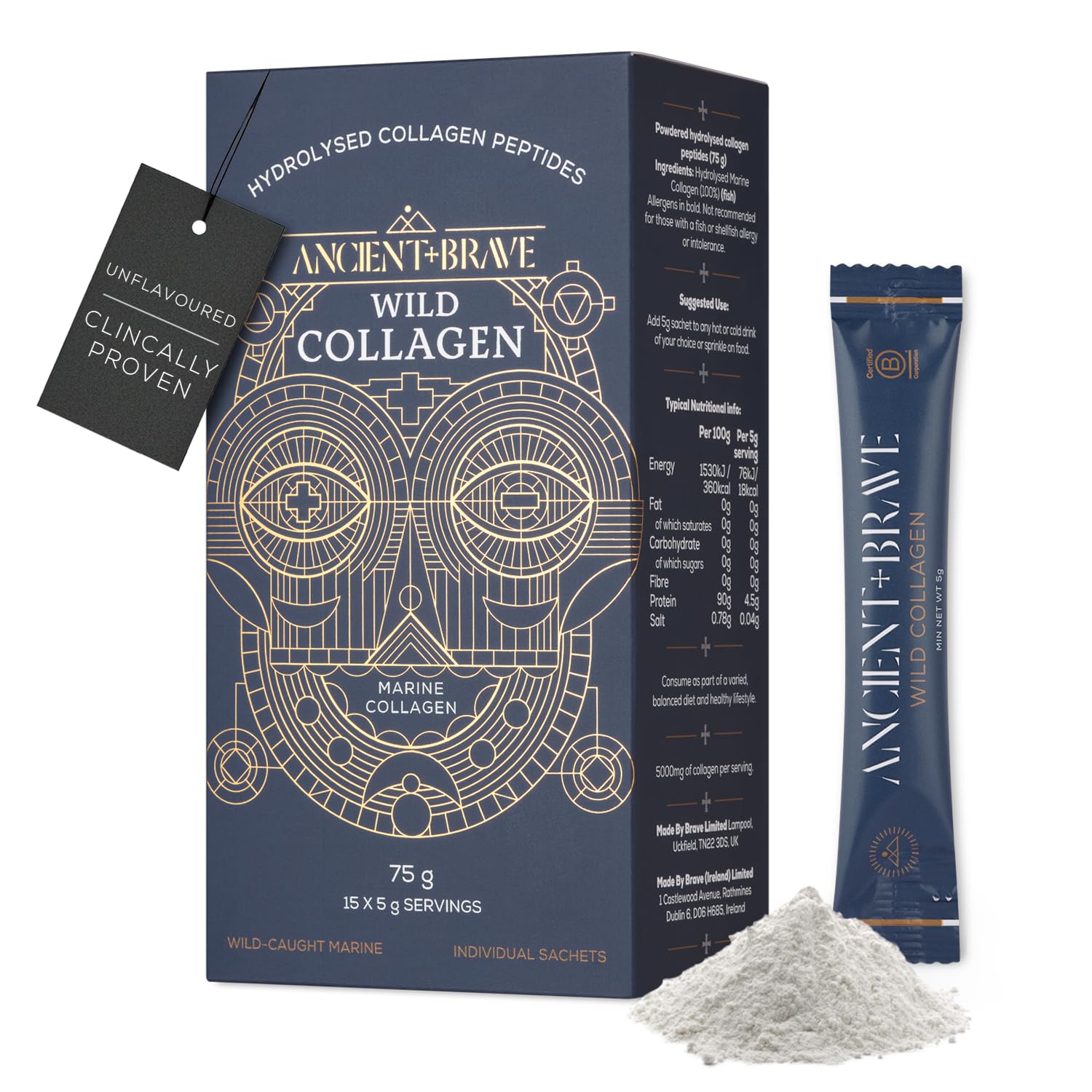 Ancient + Brave Wild Collagen Powder Sachets 15 x 5g - Pure Hydrolyzed Marine Collagen Peptides Supplement (Fish) - High Protein for Women - High Protein - Beauty, Skin - 15 Day Supply