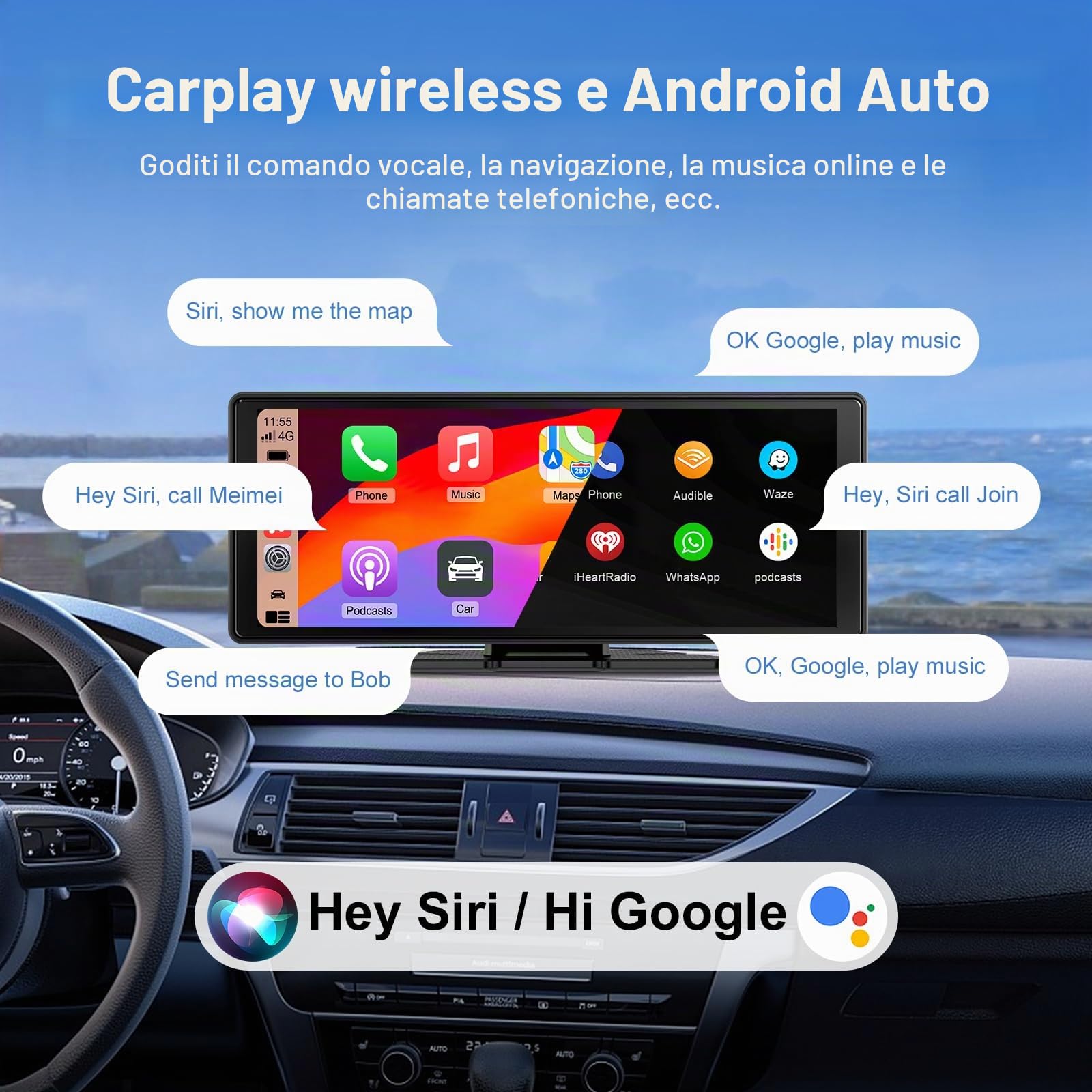10.26" Wireless Carplay Screen Android Auto Wireless Display 4K Dash Cam | Schermo per auto con Navigazione GPS Telecamera Portatile Autoradio Bluetooth Controllo vocale TouchScreen Mirror Link AUX FM
